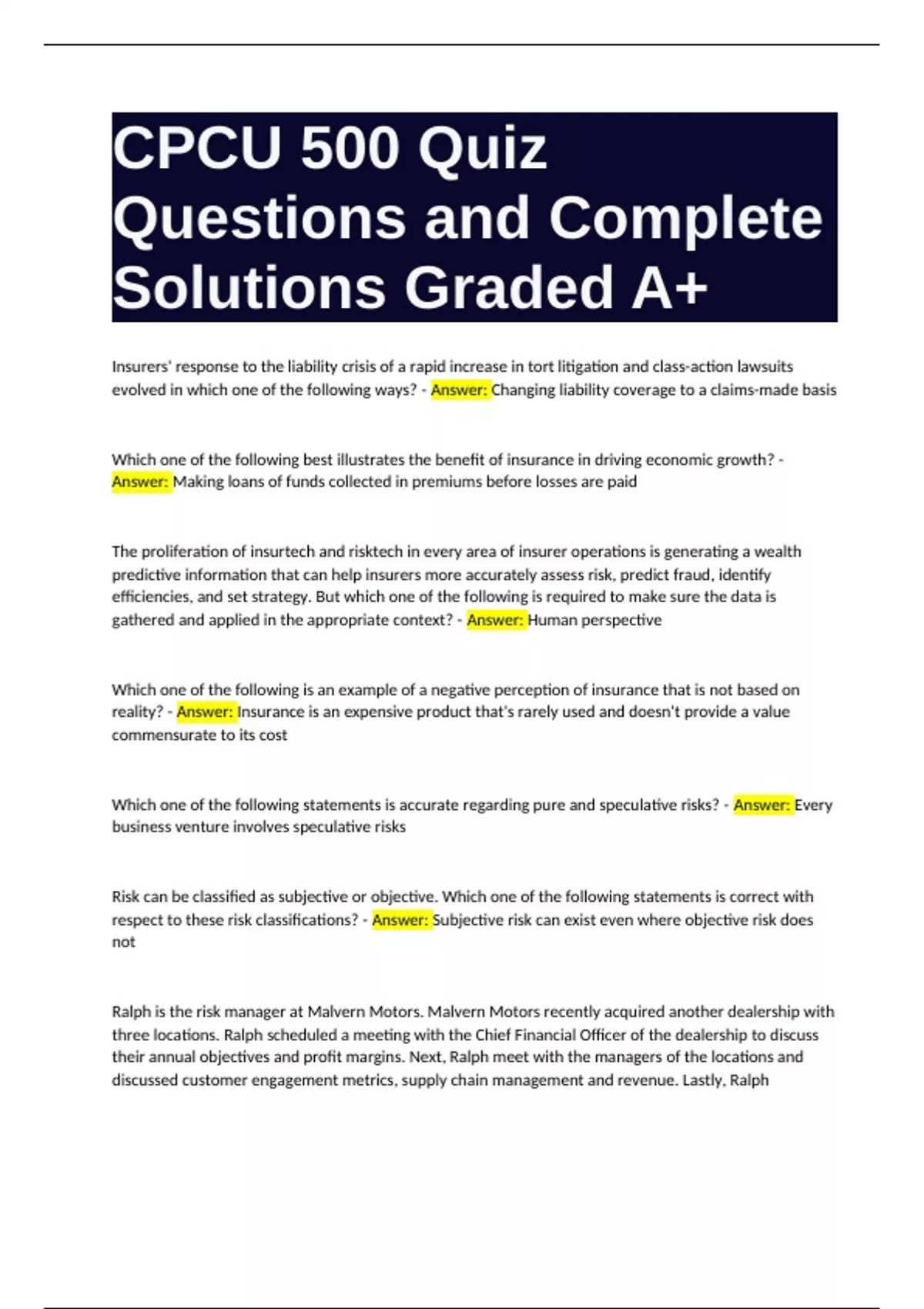 CPCU 500 Quiz Questions with Complete Solutions Graded A+ - CPCU 500 ...