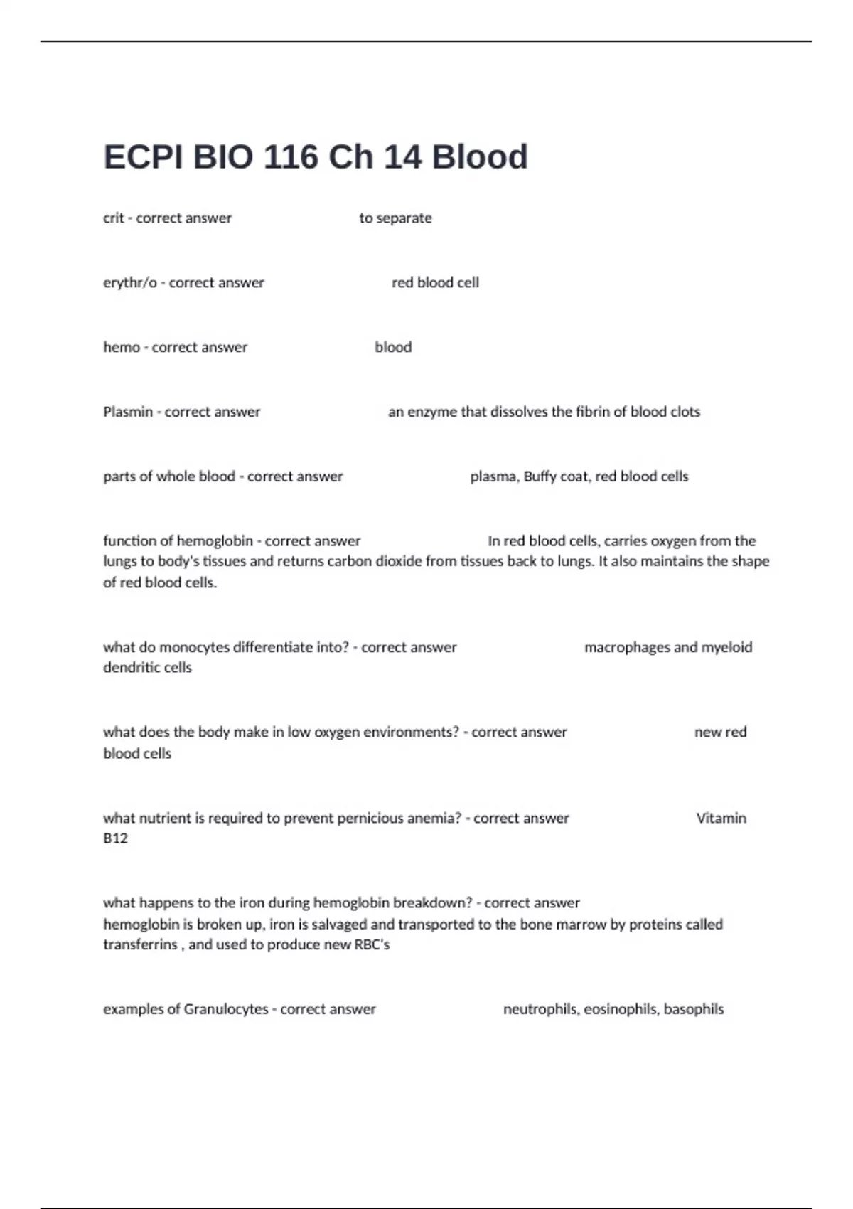 ECPI BIO 116 Ch 14 Blood Exam With Correct Actual Questions And ...