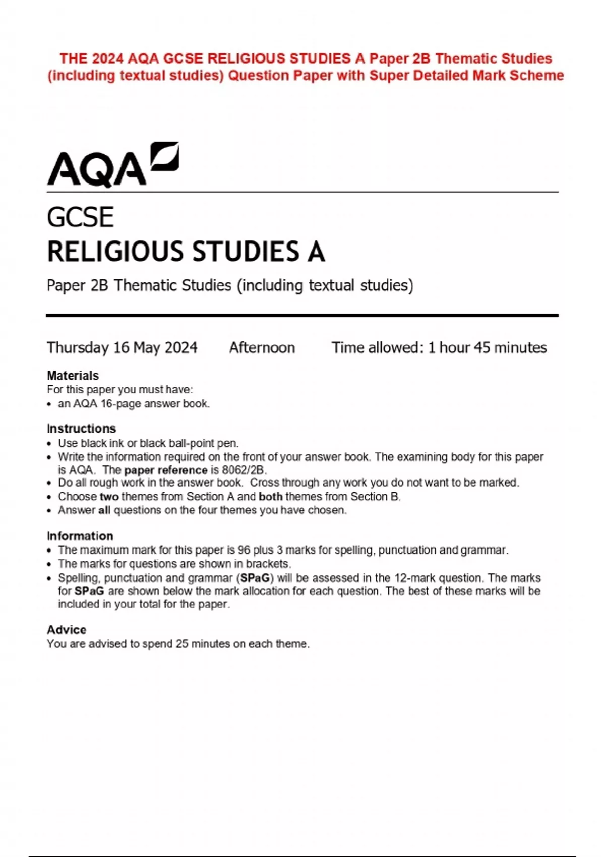 THE 2024 AQA GCSE RELIGIOUS STUDIES A Paper 2B Thematic Studies ...