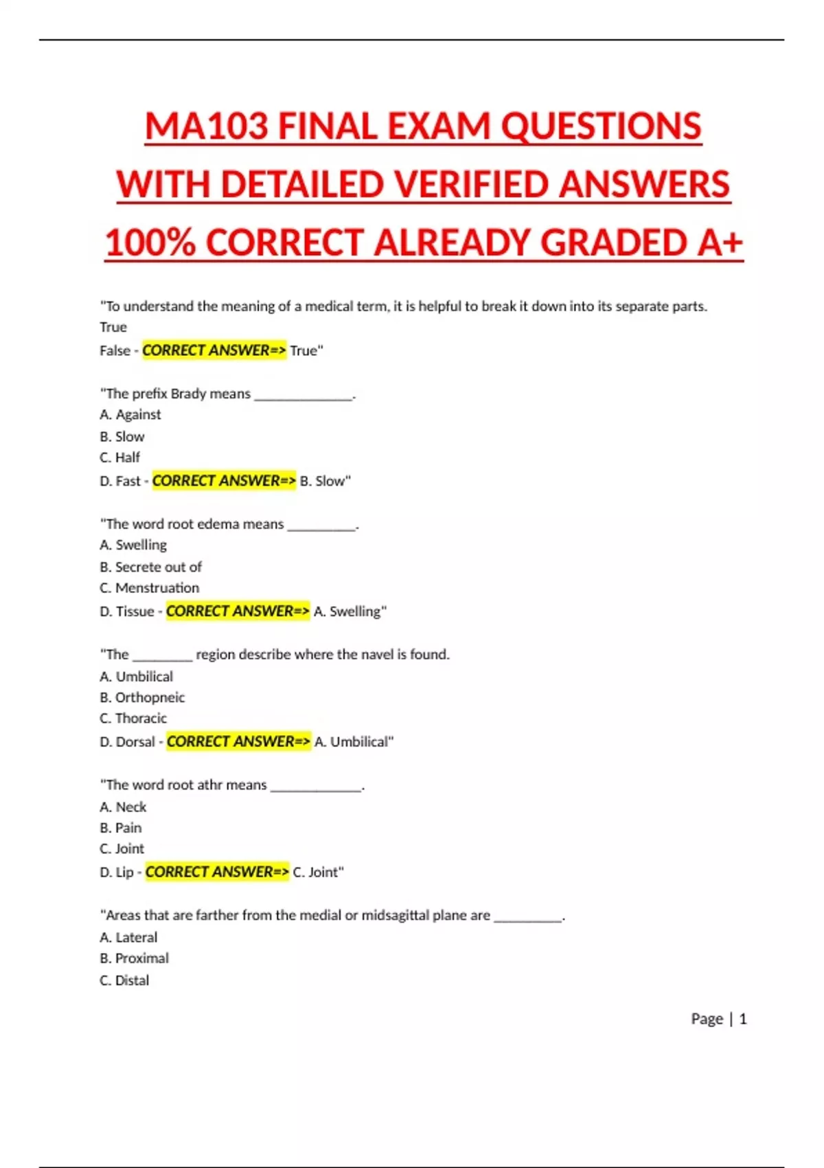 MA103 FINAL EXAM QUESTIONS WITH DETAILED VERIFIED ANSWERS 100% CORRECT ...