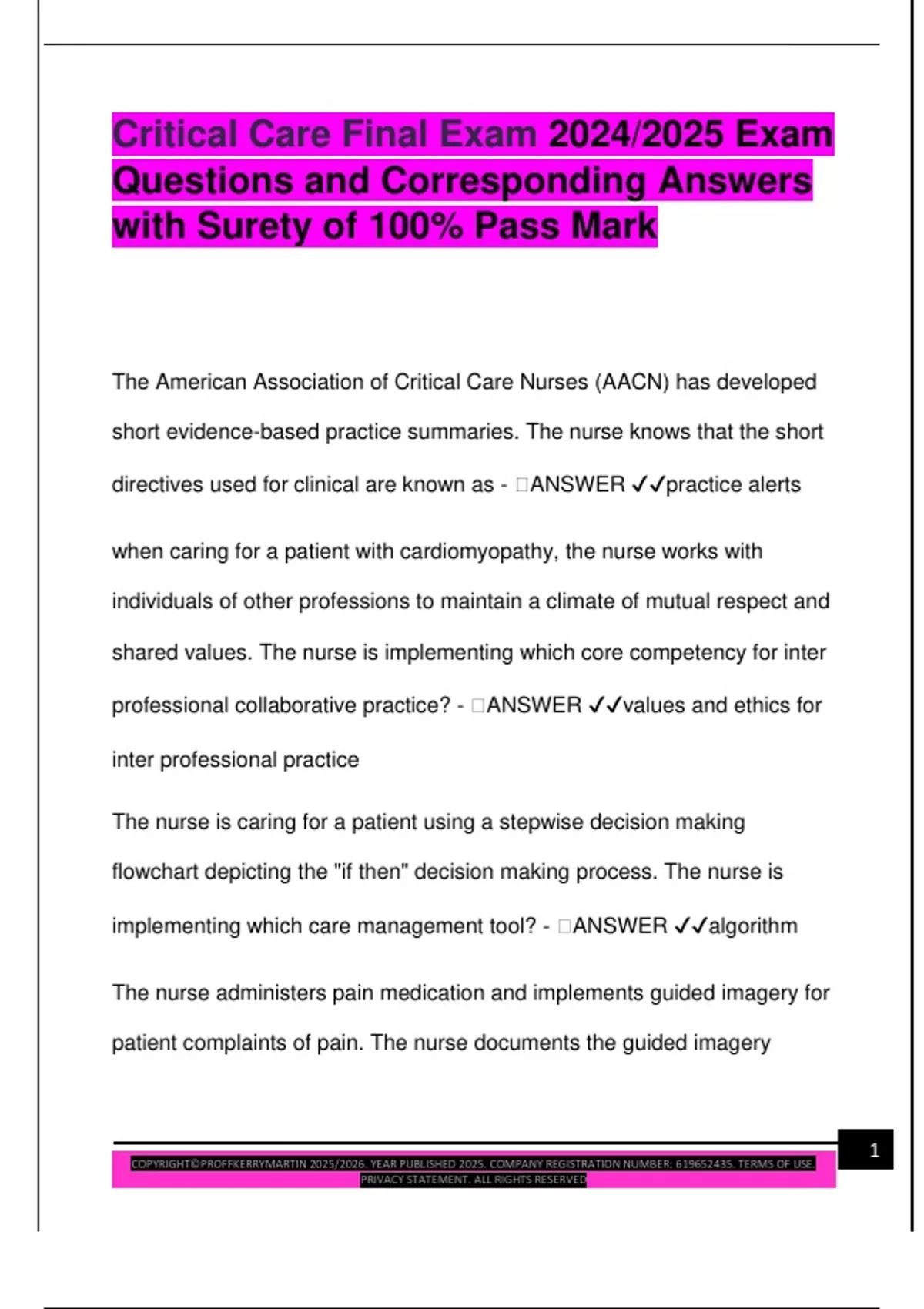 Critical Care Final Exam 2024/2025 Exam Questions and Corresponding ...