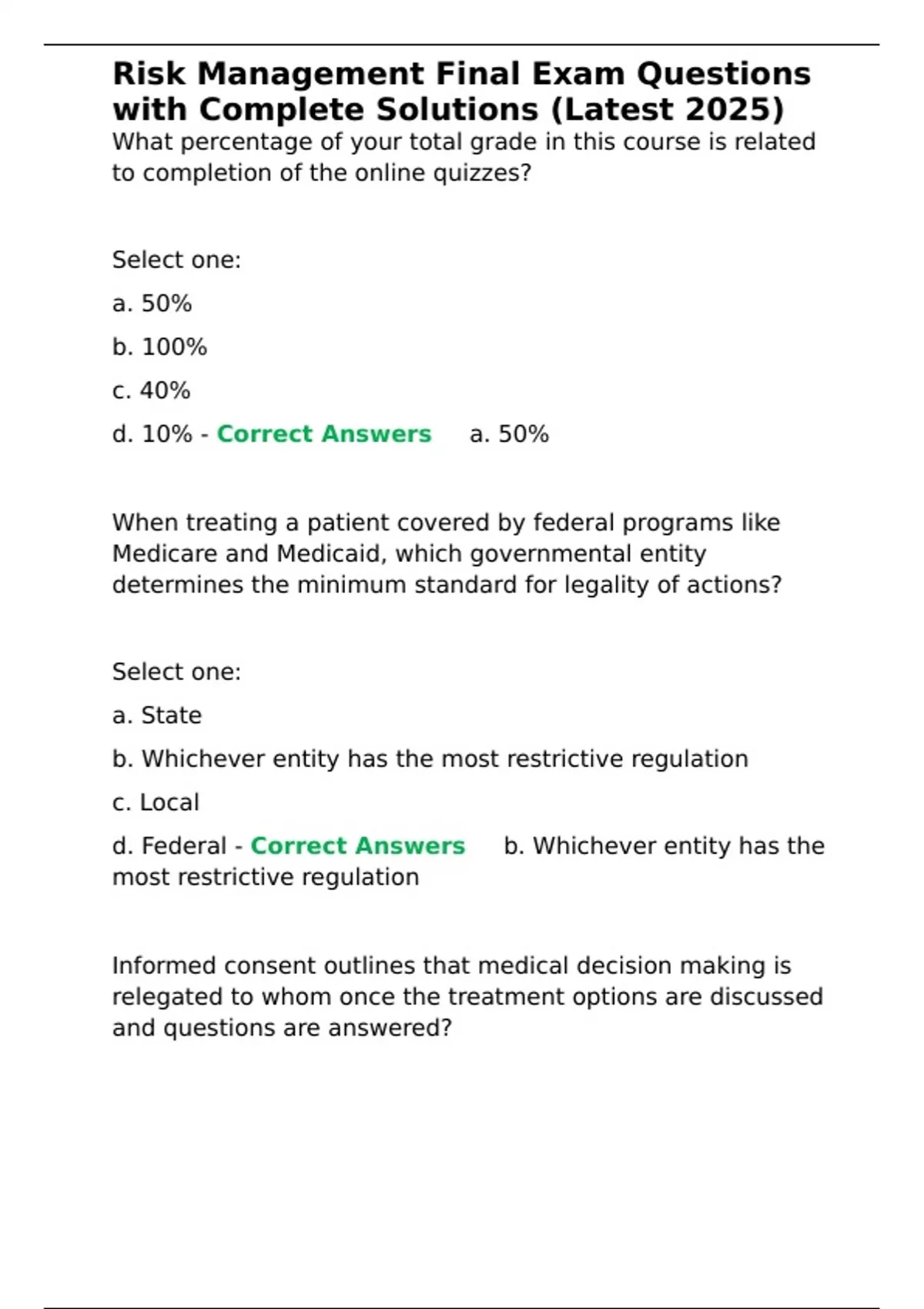 Risk Management Final Exam Questions with Complete Solutions (Latest ...