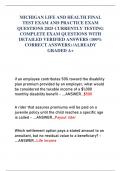 MICHIGAN LIFE AND HEALTH FINAL  TEST EXAM AND PRACTICE EXAM  QUESTIONS 2025 CURRENTLY TESTING  COMPLETE EXAM QUESTIONS WITH  DETAILED VERIFIED ANSWERS &lpar;100&percnt;  CORRECT ANSWERS&rpar; &sol;ALREADY  GRADED A&plus;