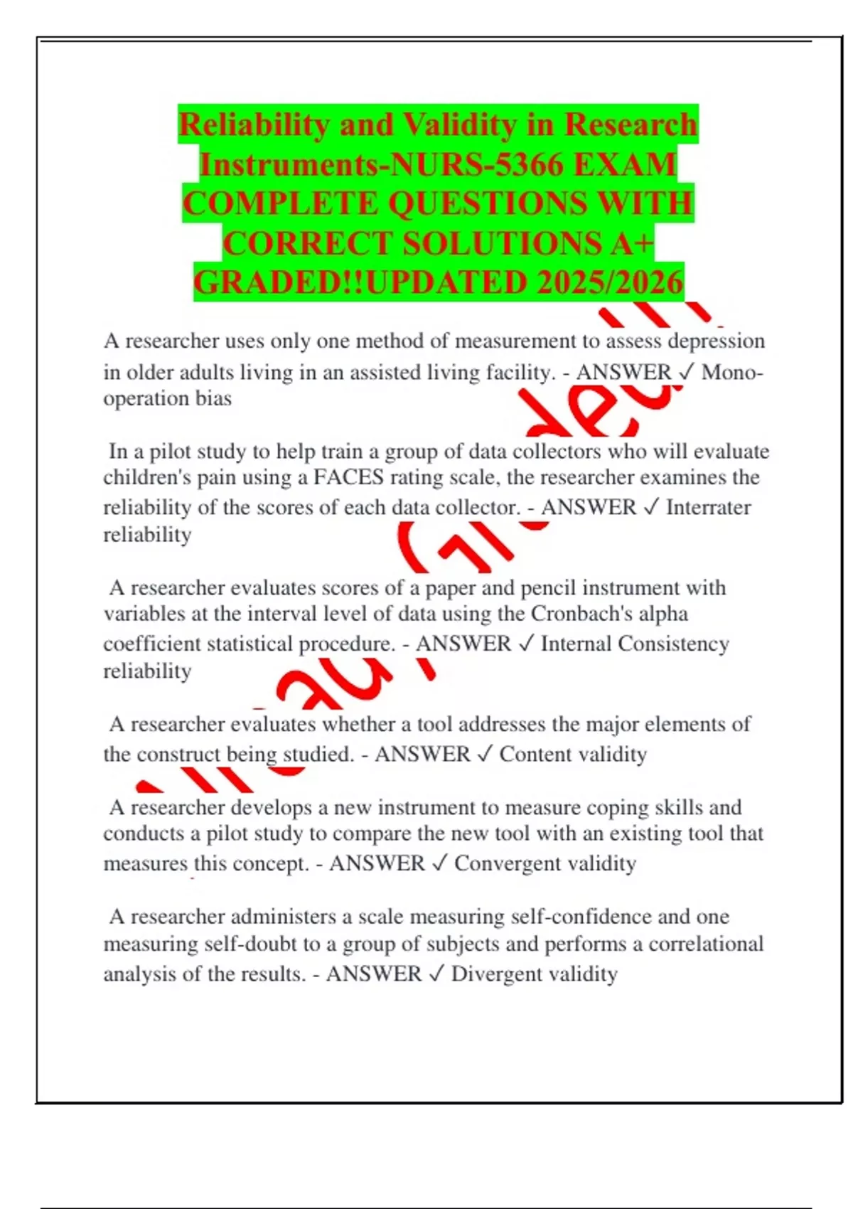 Reliability Exam Question Reliability and Validity in Research Instruments-NURS-5366 EXAM ...