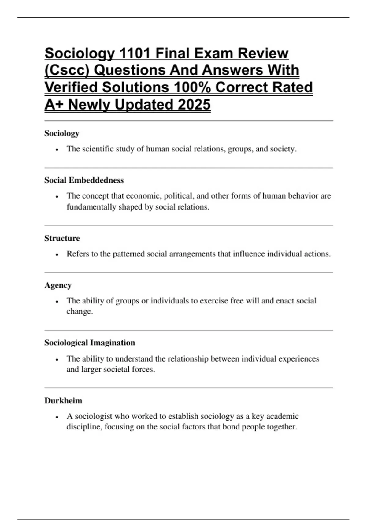 Sociology 1101 Final Exam Review (Cscc) Questions And Answers With ...