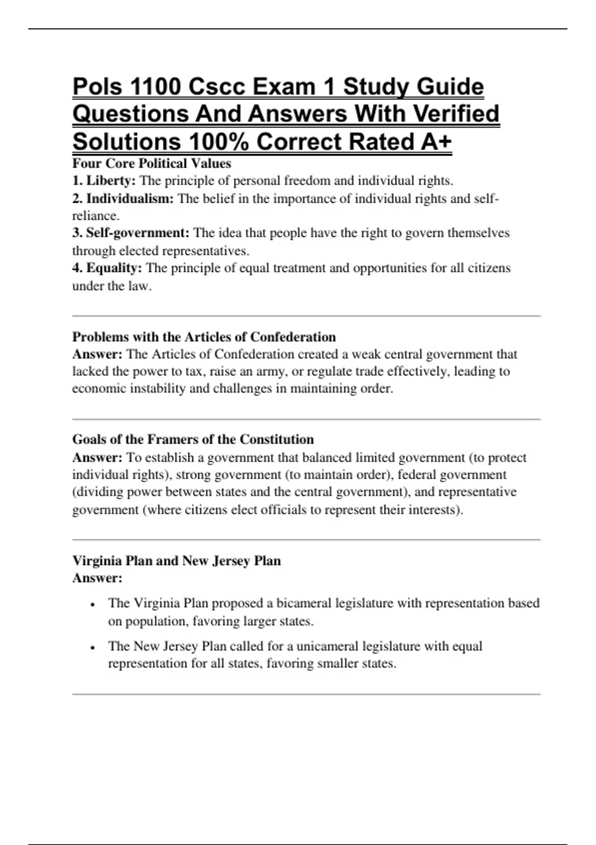 Pols 1100 Cscc Exam 1 Study Guide Questions And Answers With Verified ...