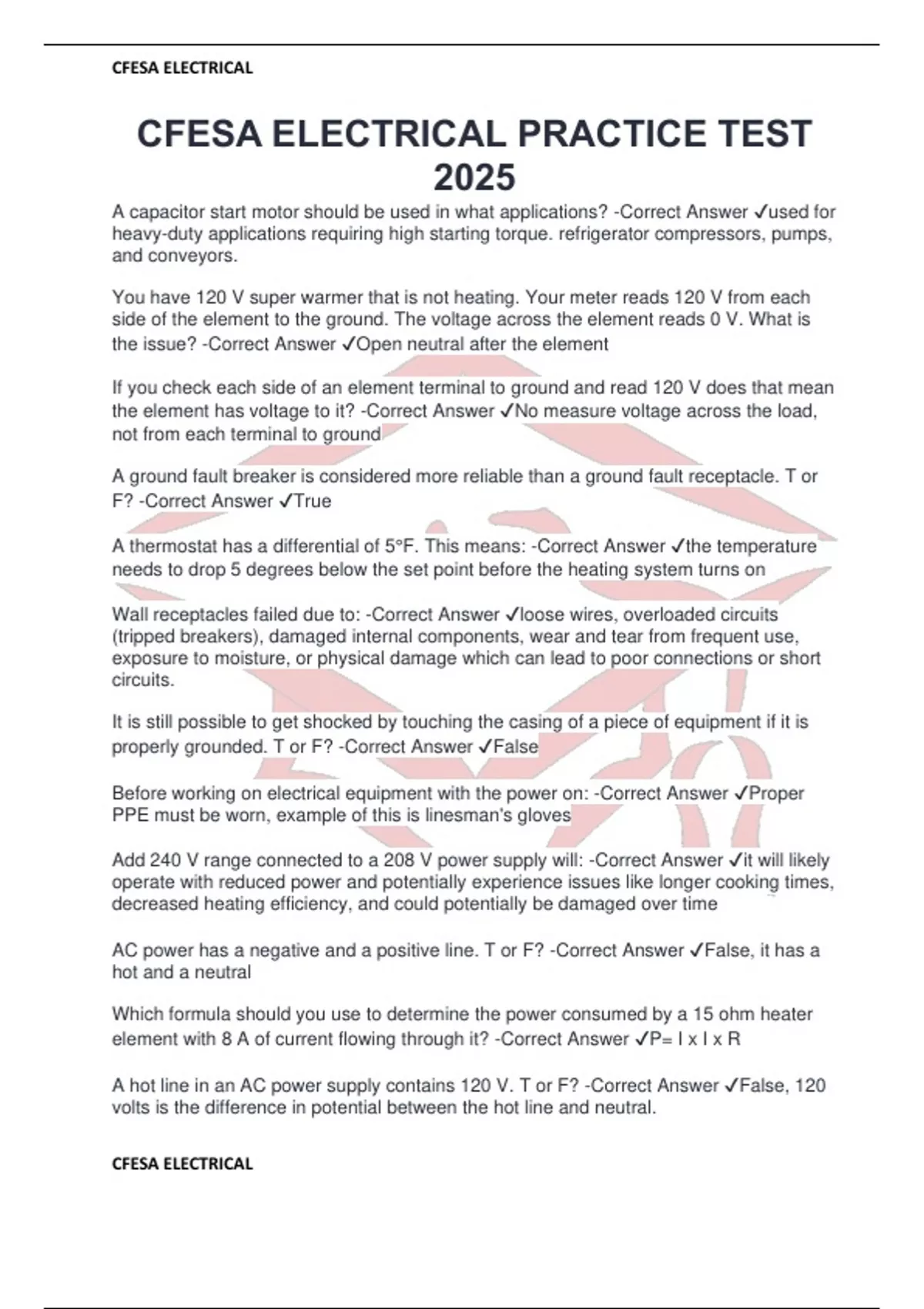 CFESA ELECTRICAL PRACTICE TEST 2025 CFESA ELECTRICAL Stuvia US