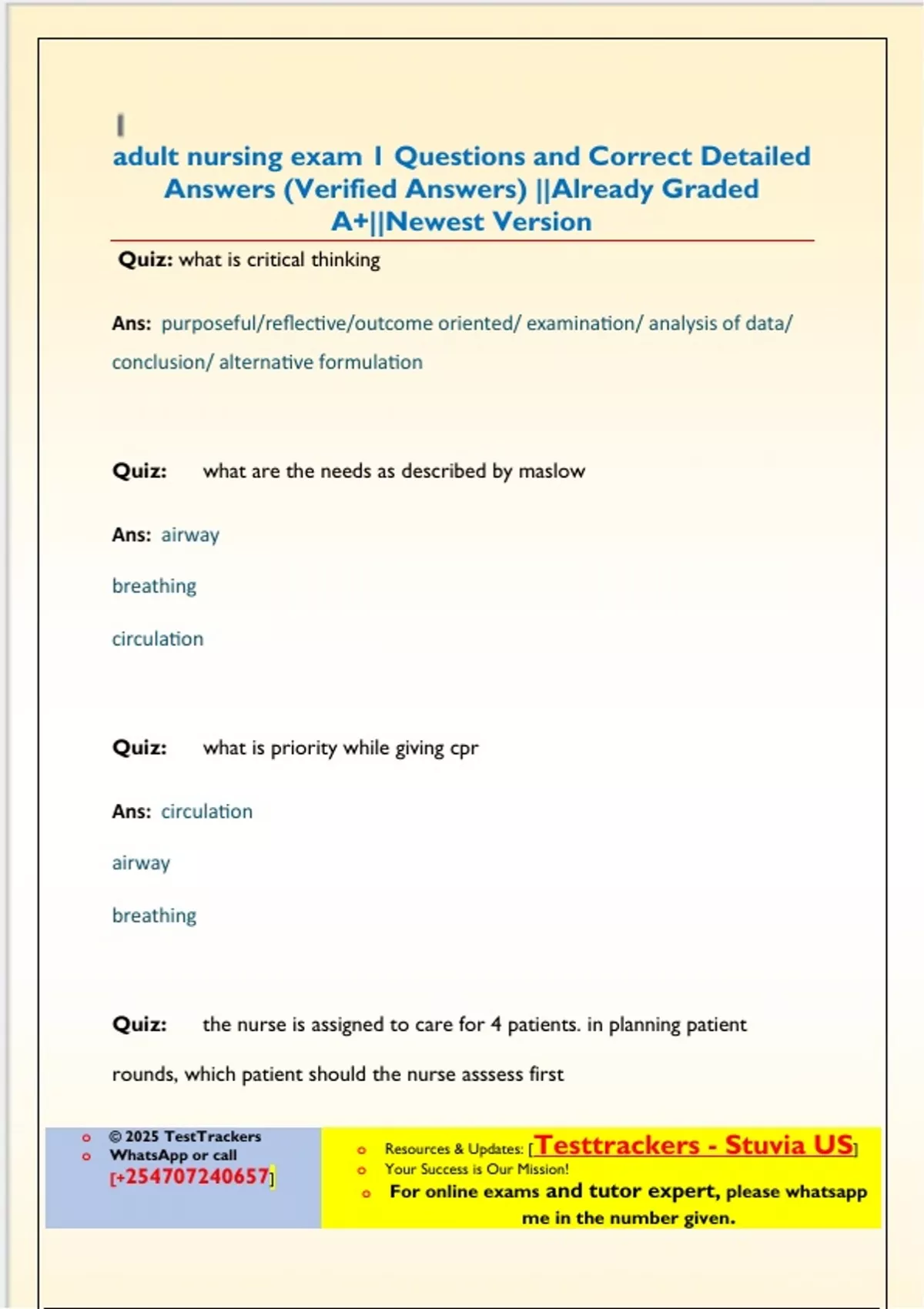 adult nursing exam 1 Questions and Correct Detailed Answers (Verified ...