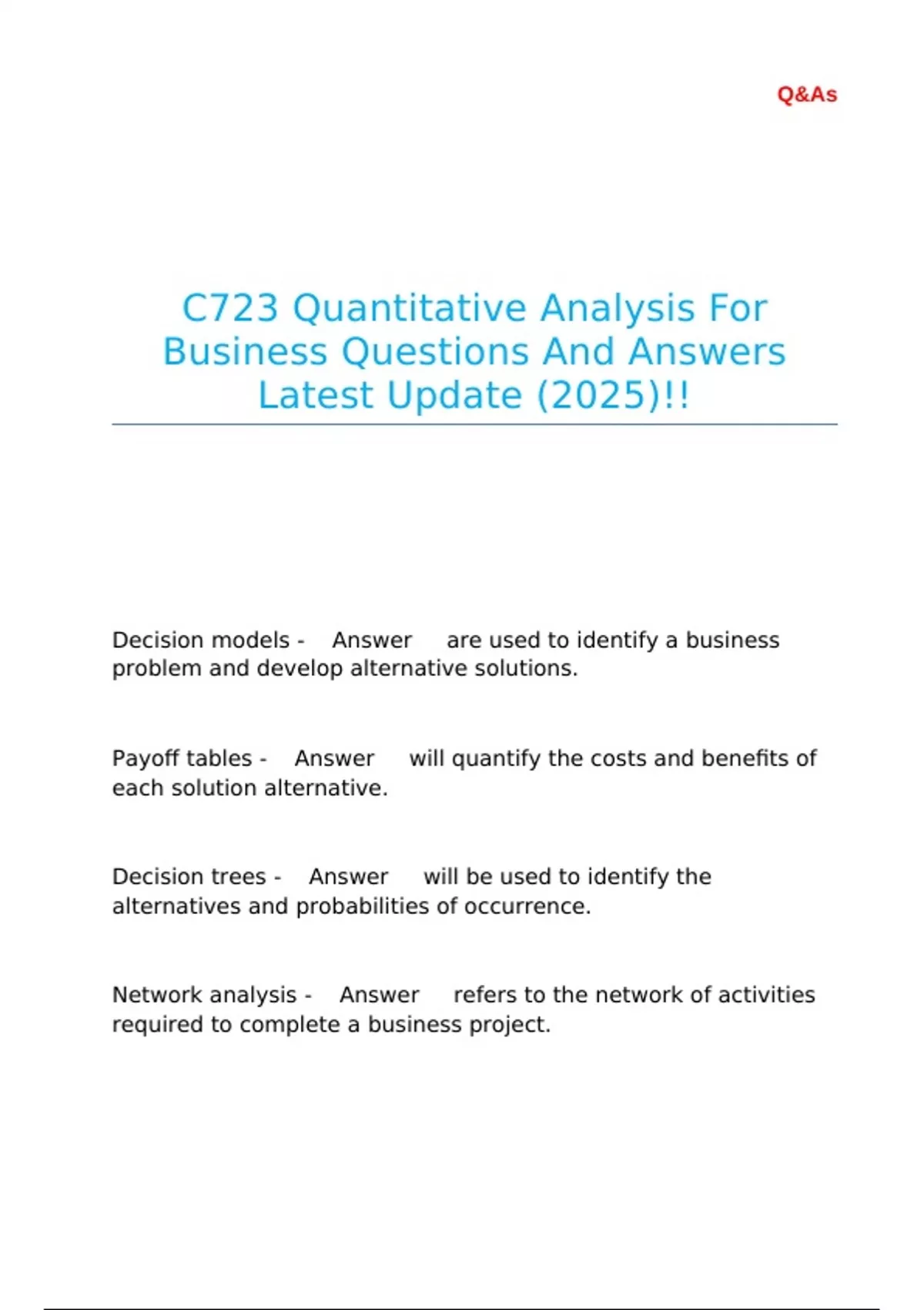 C723 Quantitative Analysis For Business Questions And Answers Latest ...