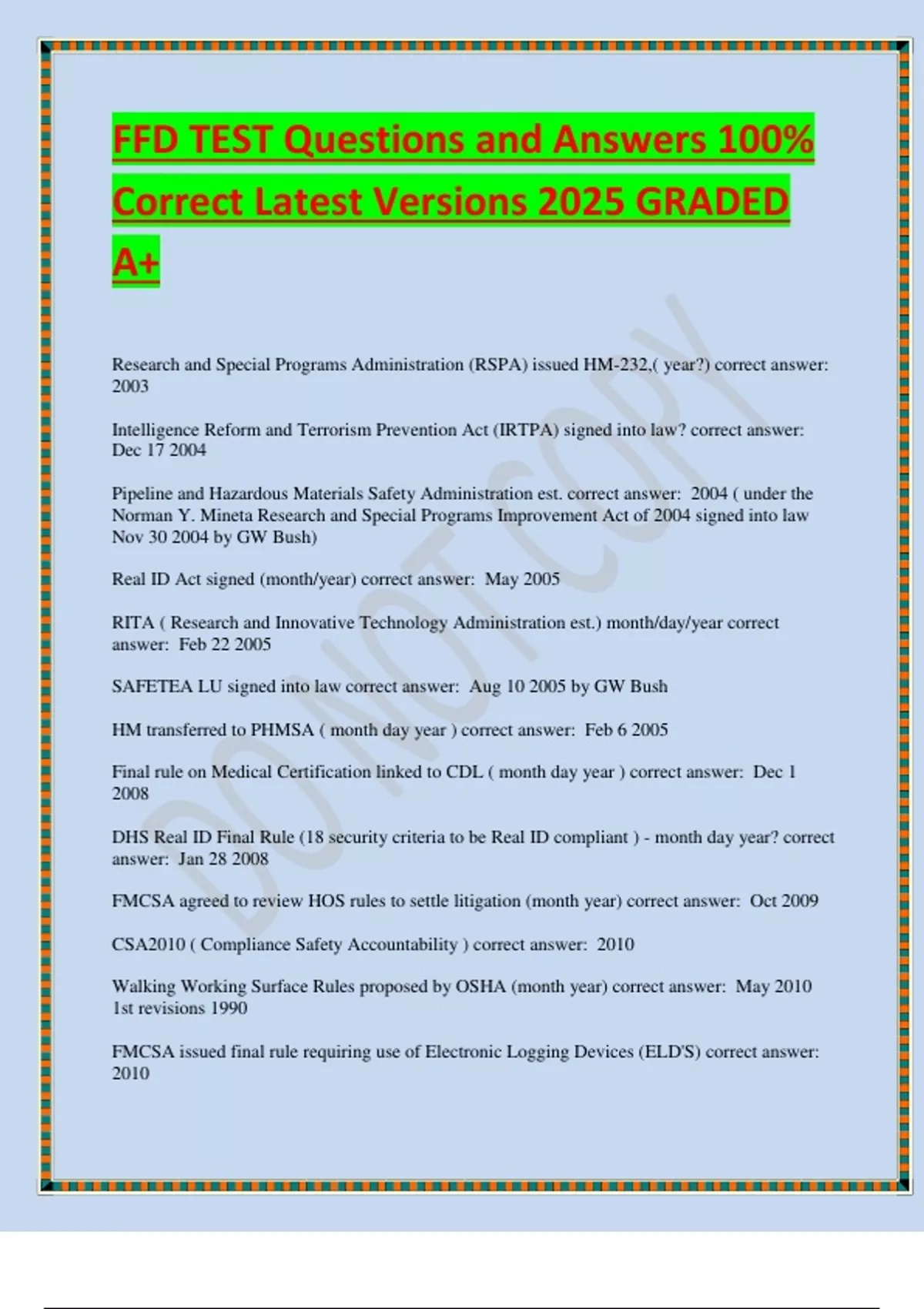 FFD TEST Questions and Answers 100% Correct Latest Versions 2025 GRADED ...