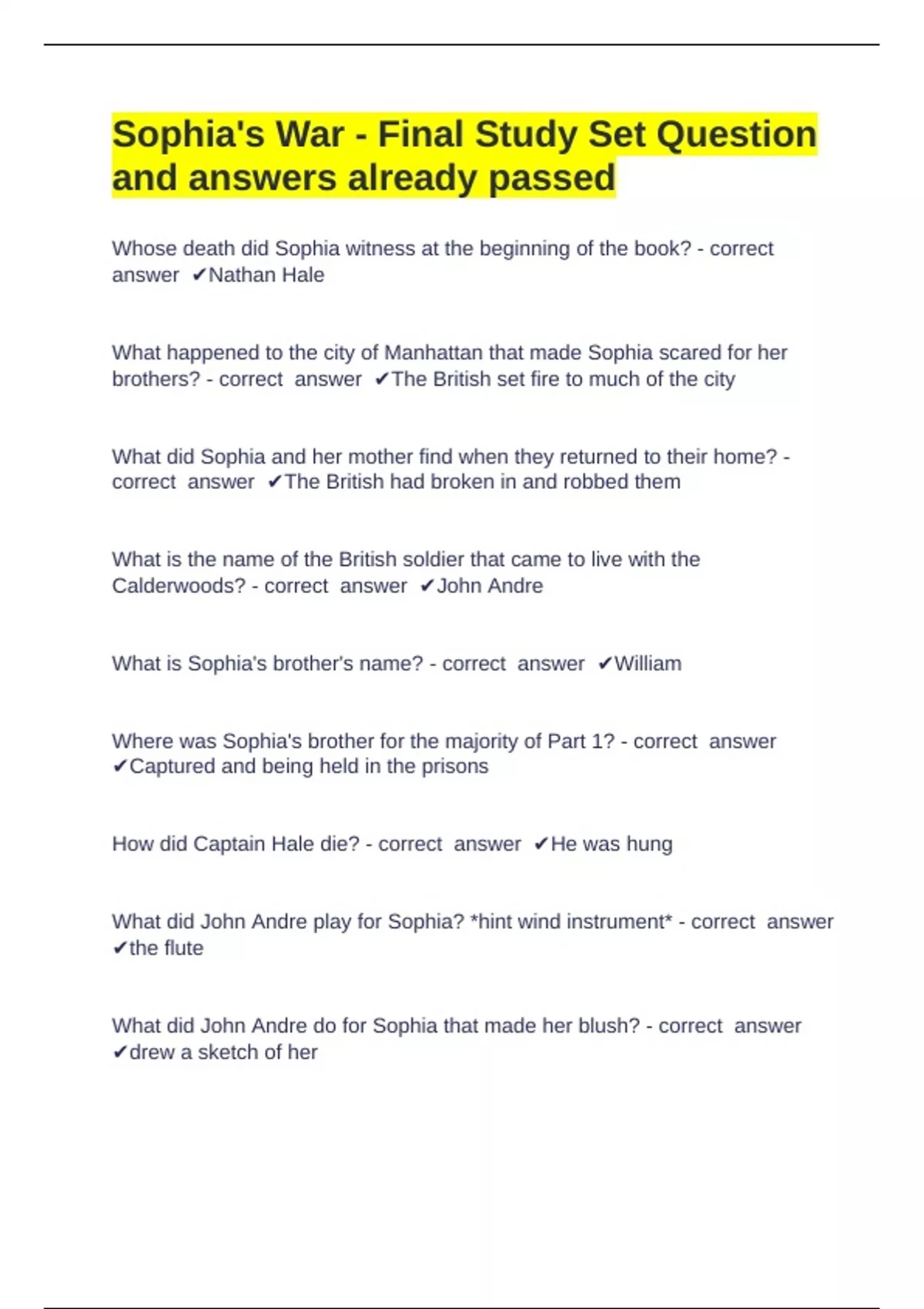 Sophia's War - Final Study Set Question and answers already passed ...