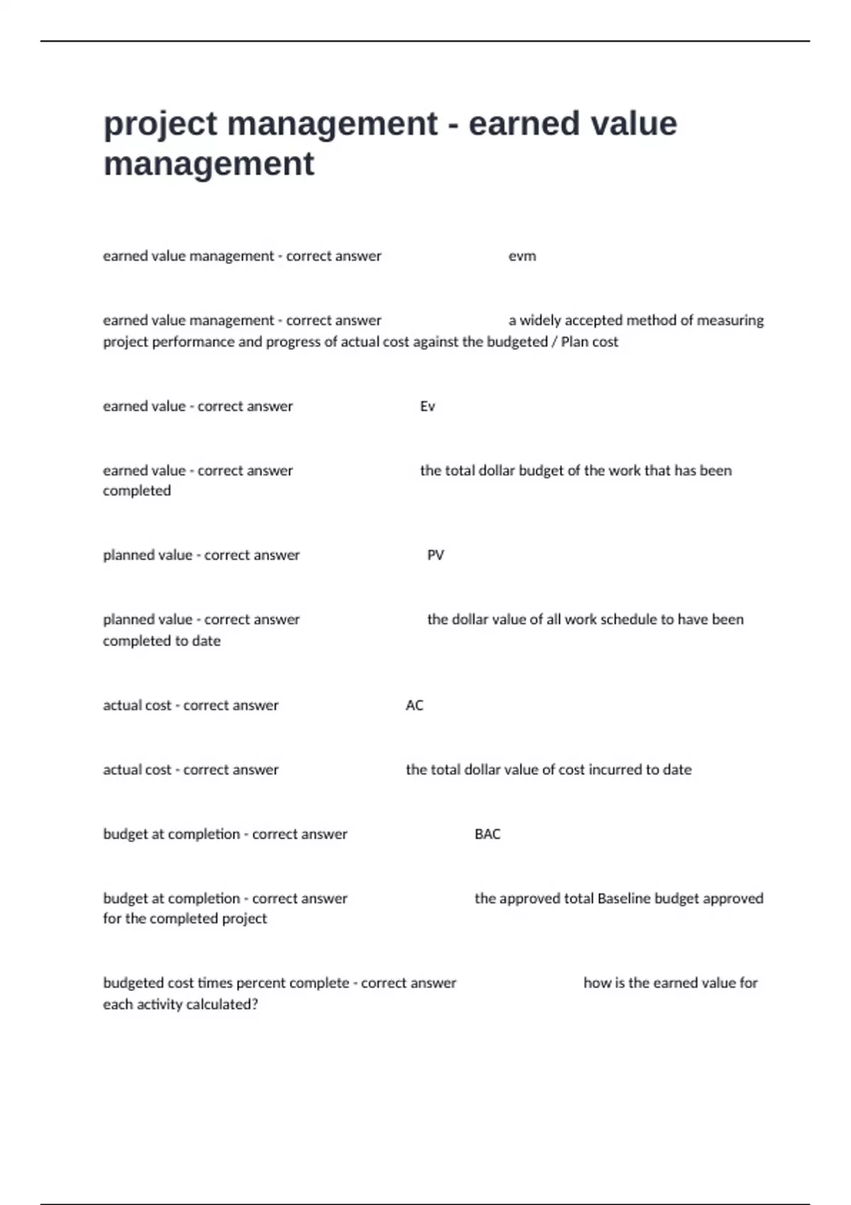 project management - earned value management Complete Questions And ...