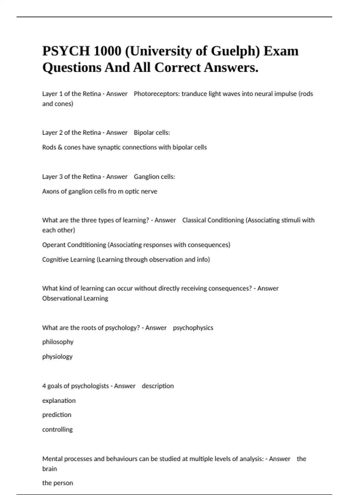 Psych Uni Math PSYCH 1000 (University of Guelph) Exam Questions And All Correct ...