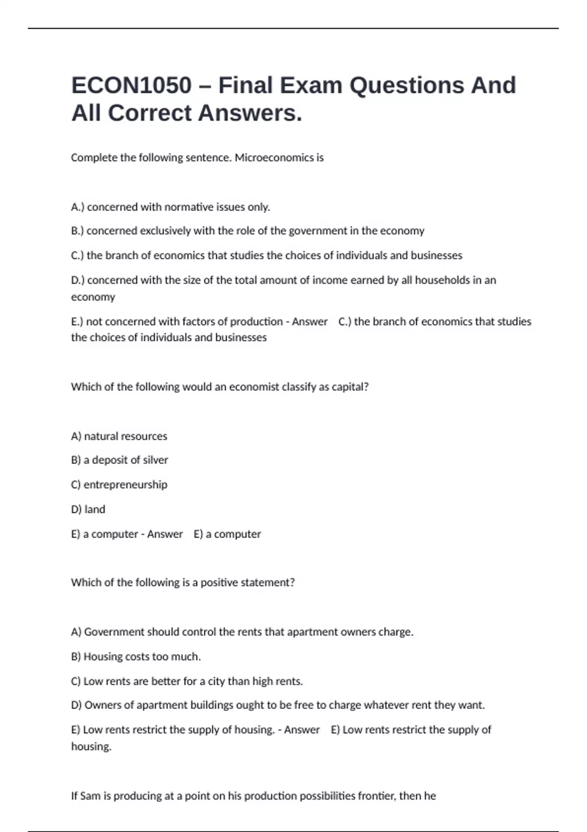 ECON1050 – Final Exam Questions And All Correct Answers. - Econ 1050 ...