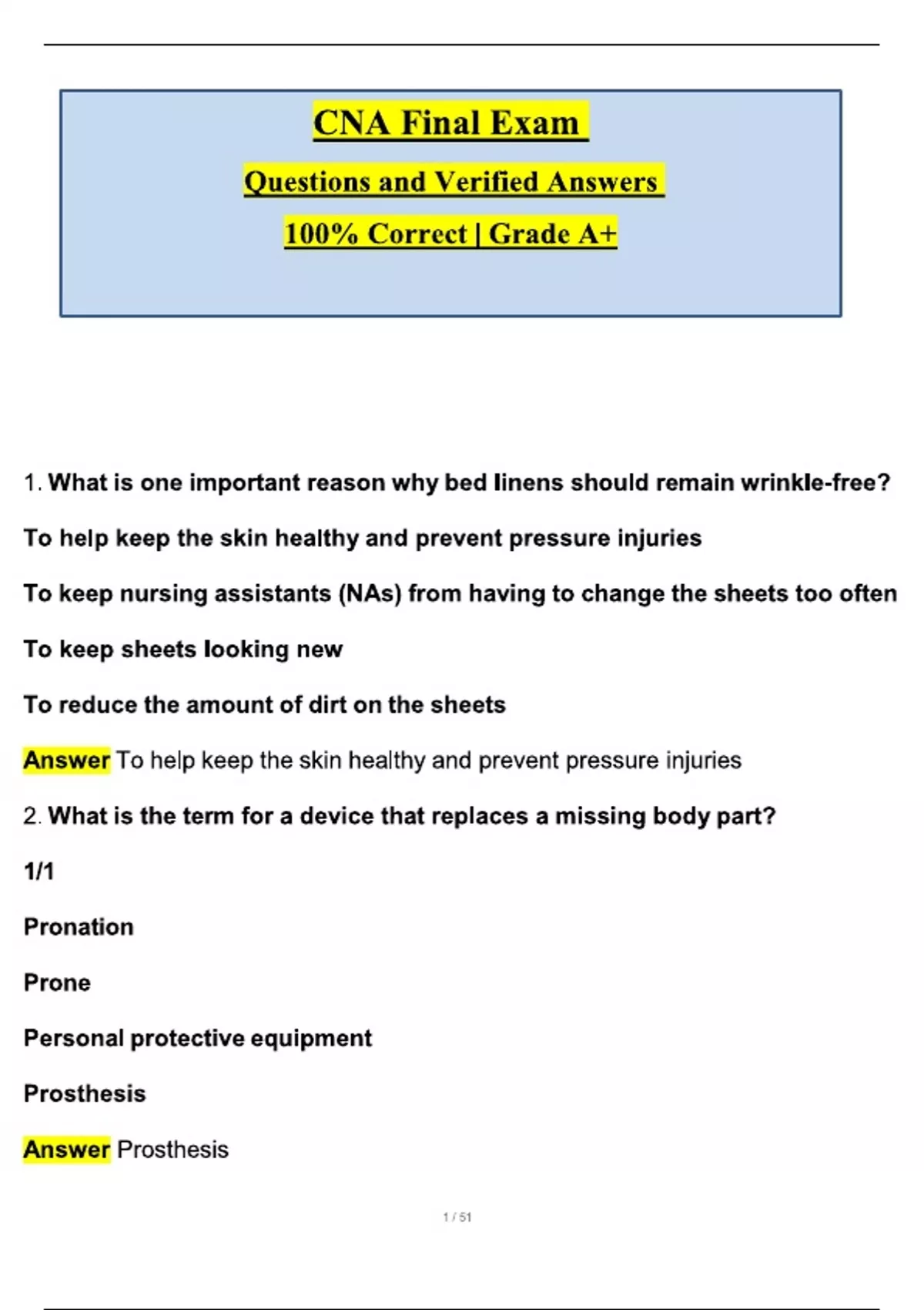 CNA Final Exam (Latest 2025 / 2026 Update) Questions and Verified ...