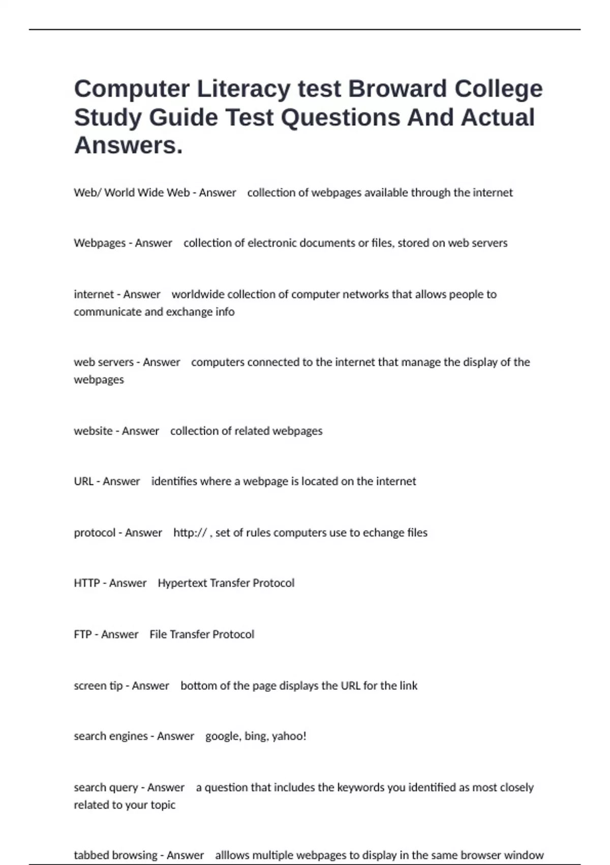 Computer Literacy test Broward College Study Guide Test Questions And ...