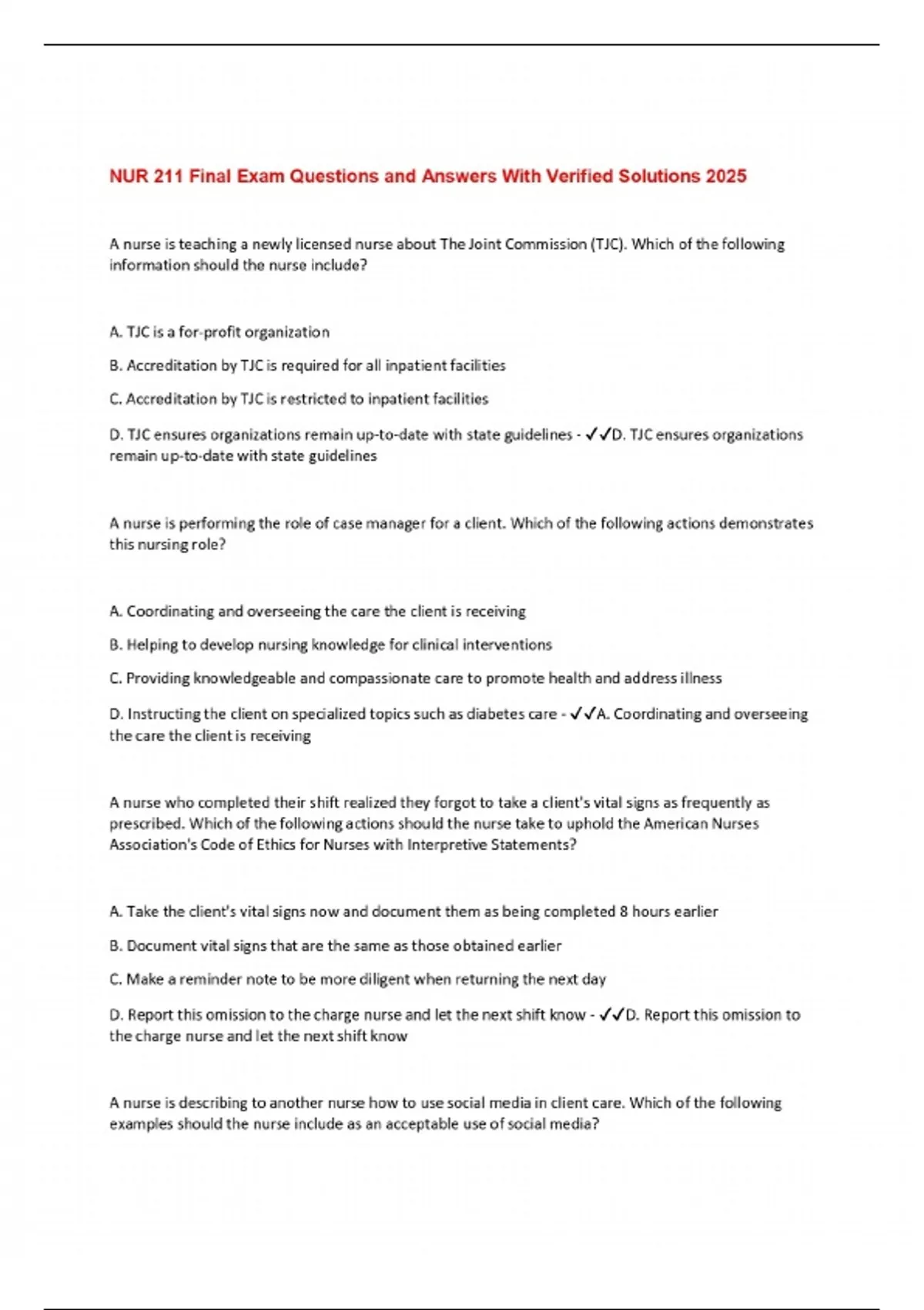 NUR 211 Final Exam Questions and Answers With Verified Solutions 2025 ...