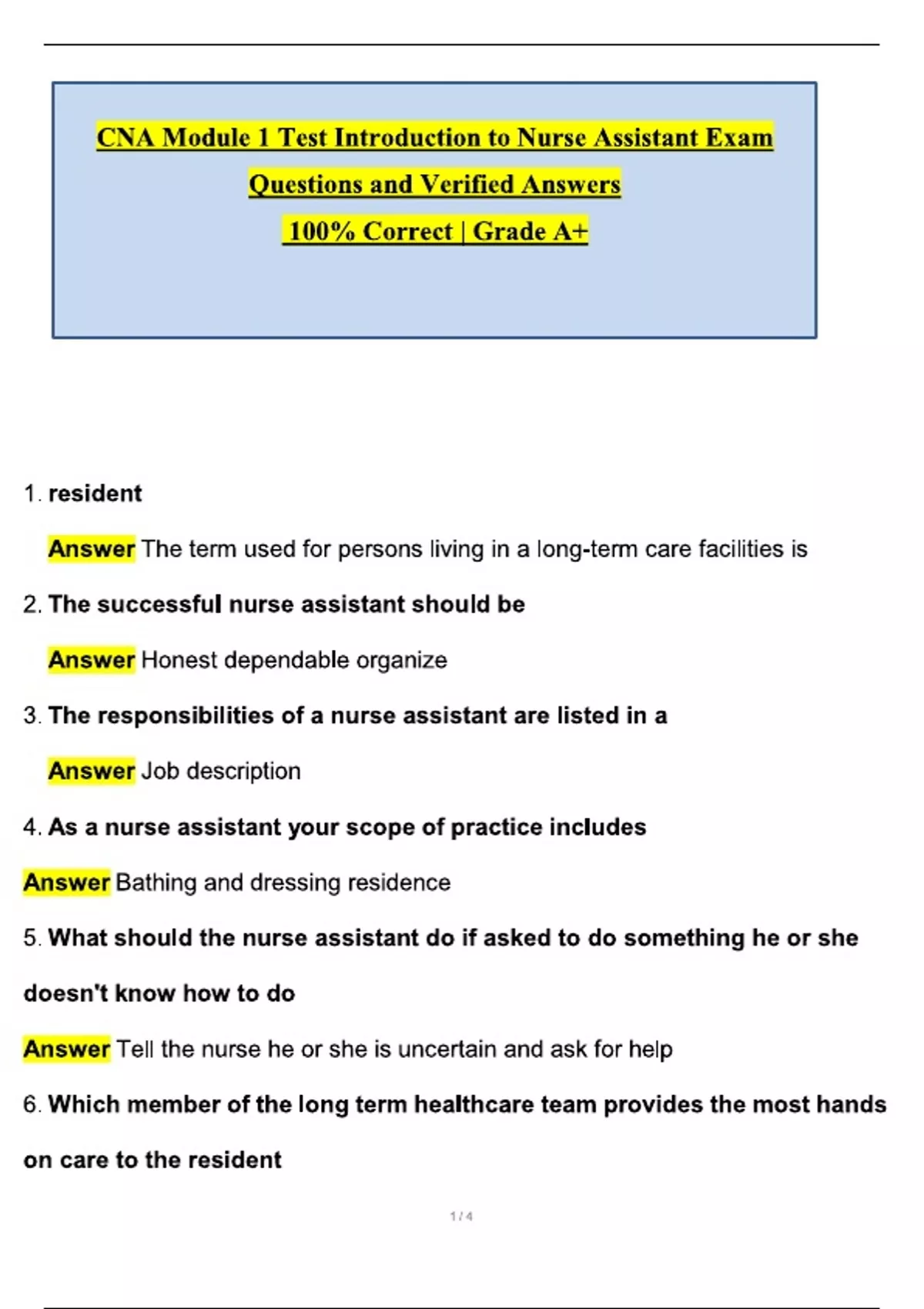 CNA Module 1 Test Introduction to Nurse Assistant Exam (Latest 2025 / ...
