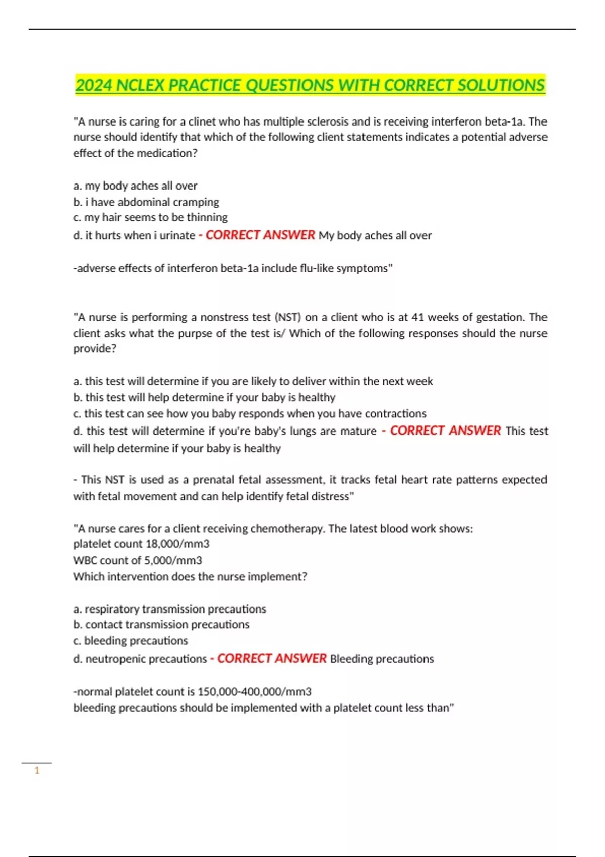 2024 NCLEX PRACTICE QUESTIONS WITH CORRECT SOLUTIONS - Nclex pn - Stuvia US