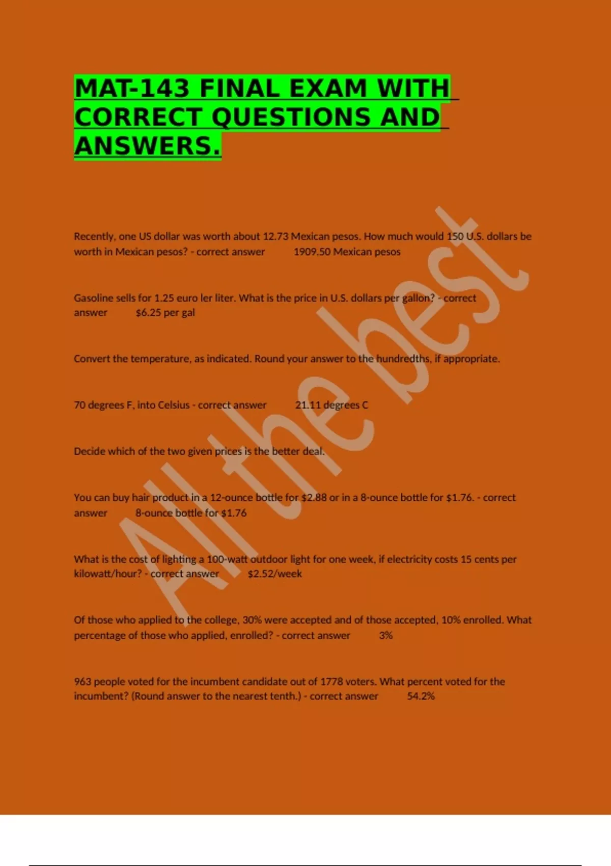 Mat 143 Final Exam With Correct Questions And Answers Mat 143