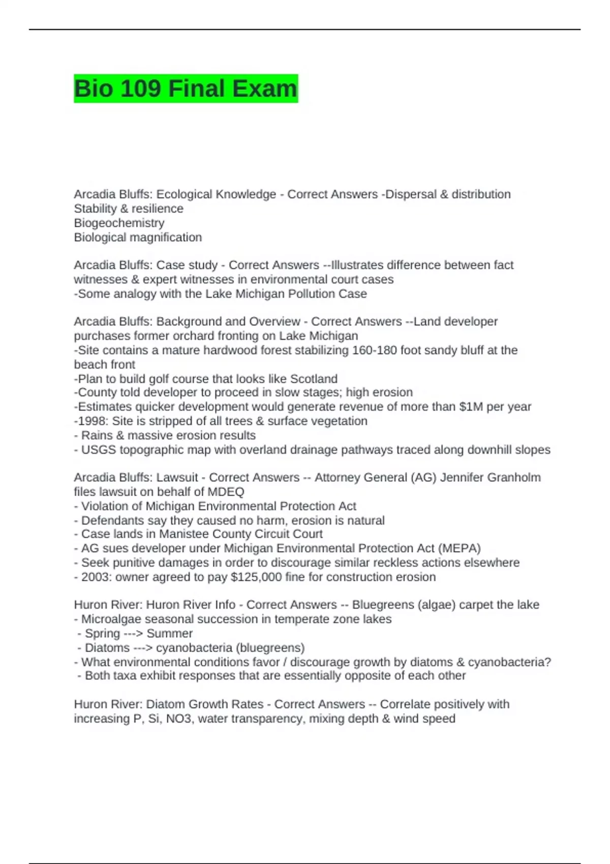 Bio 109 Final Exam Questions and Answers with Accurate solutions - BIO ...