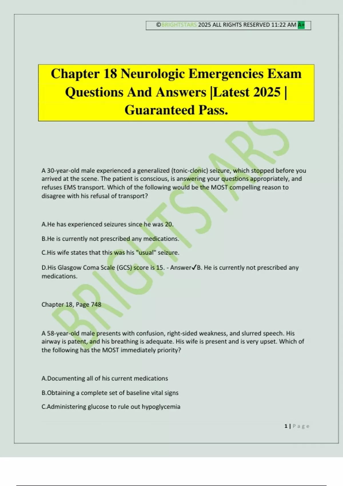 Chapter 18 Neurologic Emergencies Exam Questions And Answers |Latest ...