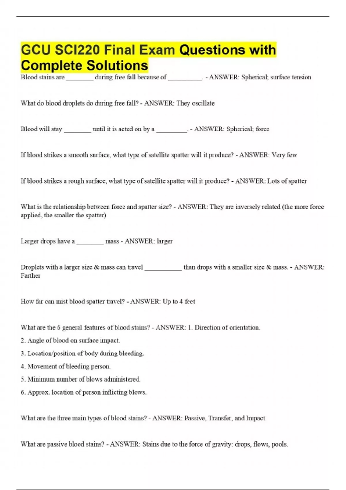 GCU SCI220 Final Exam Questions with Complete Solutions - SCI 220 ...