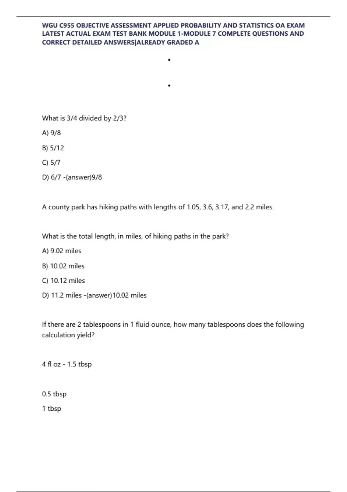 WGU C955 OBJECTIVE ASSESSMENT APPLIED PROBABILITY AND STATISTICS OA ...
