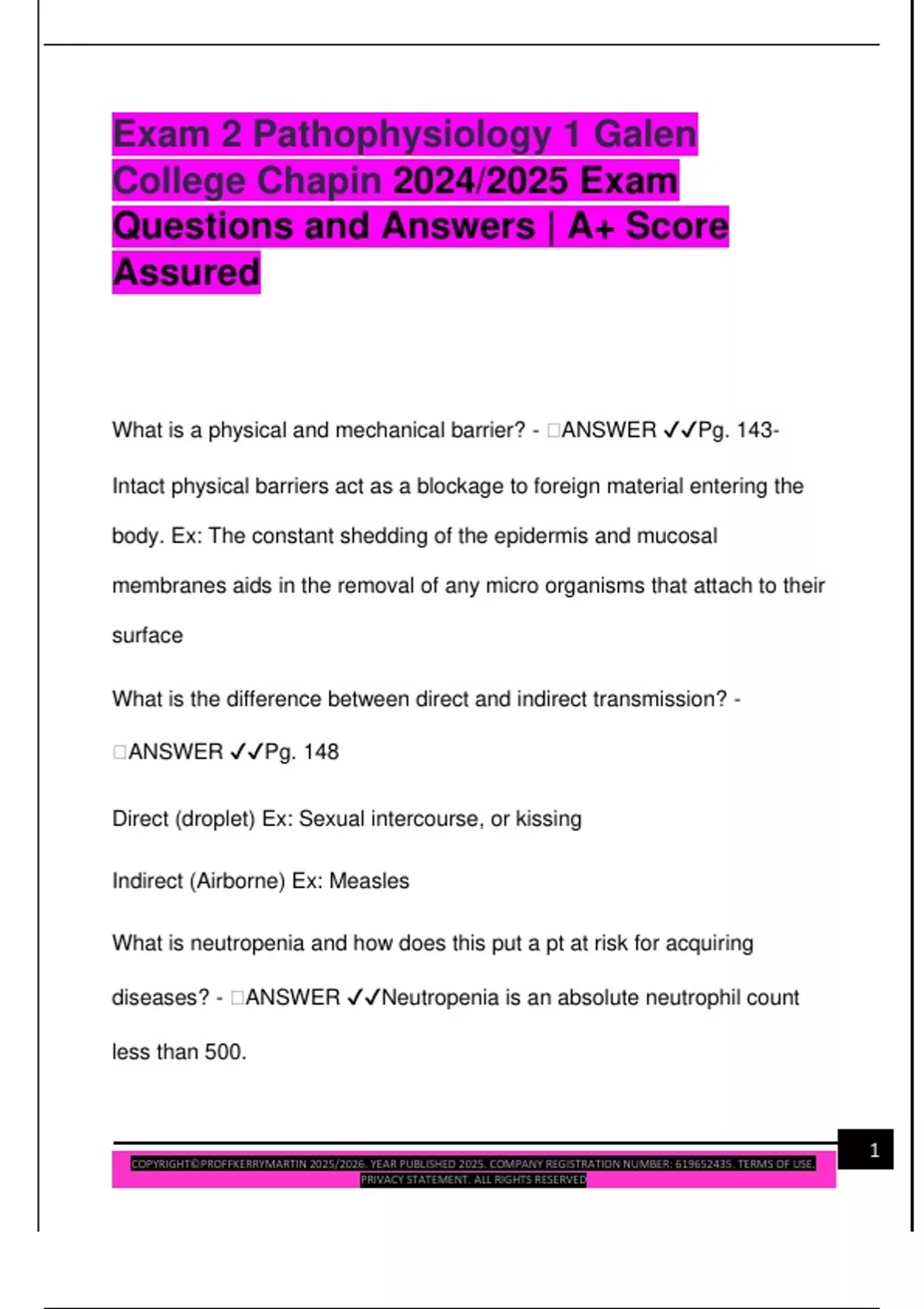 Exam 2 Pathophysiology 1 Galen College Chapin 2024/2025 Exam Questions ...