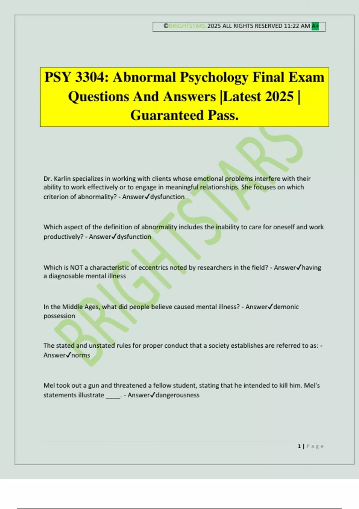 PSY 3304: Abnormal Psychology Final Exam Questions And Answers |Latest ...