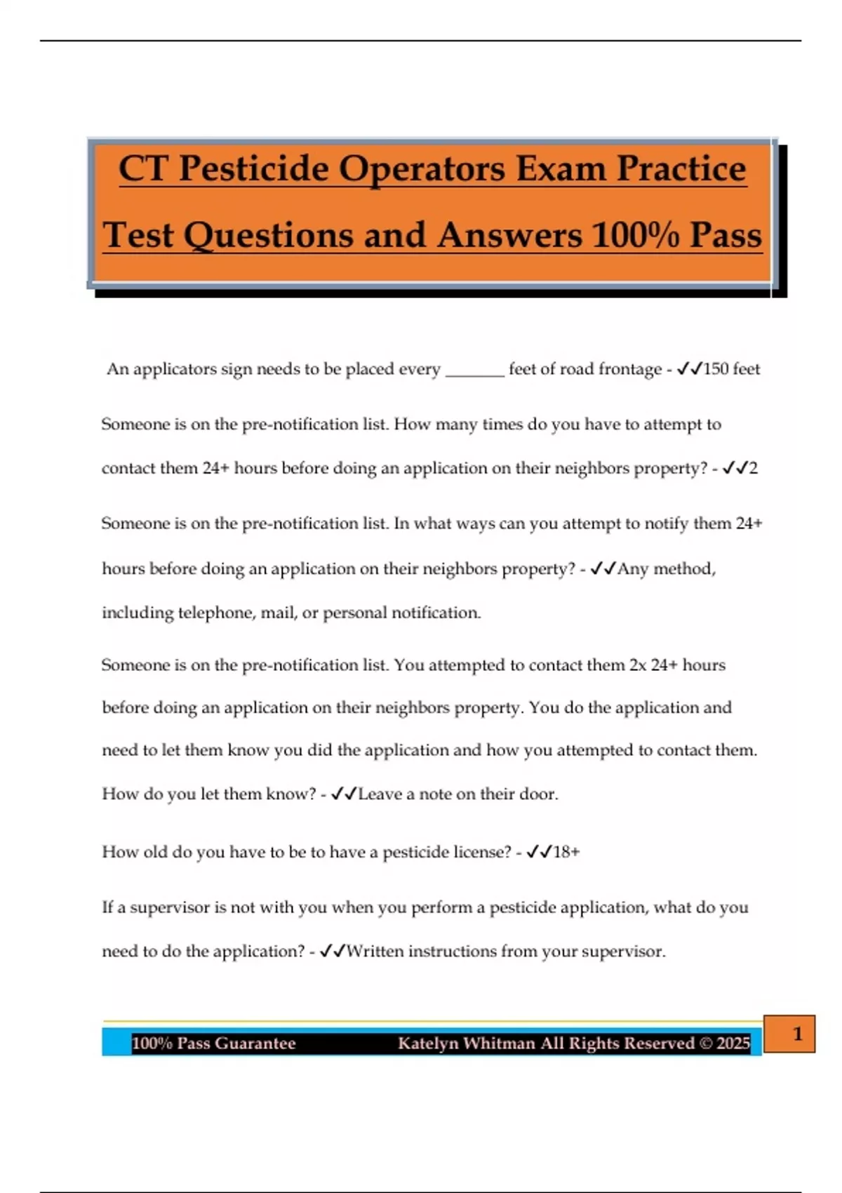 CT Pesticide Operators Exam Practice Test Questions and Answers 100% Pass - Pesticide Operators ...