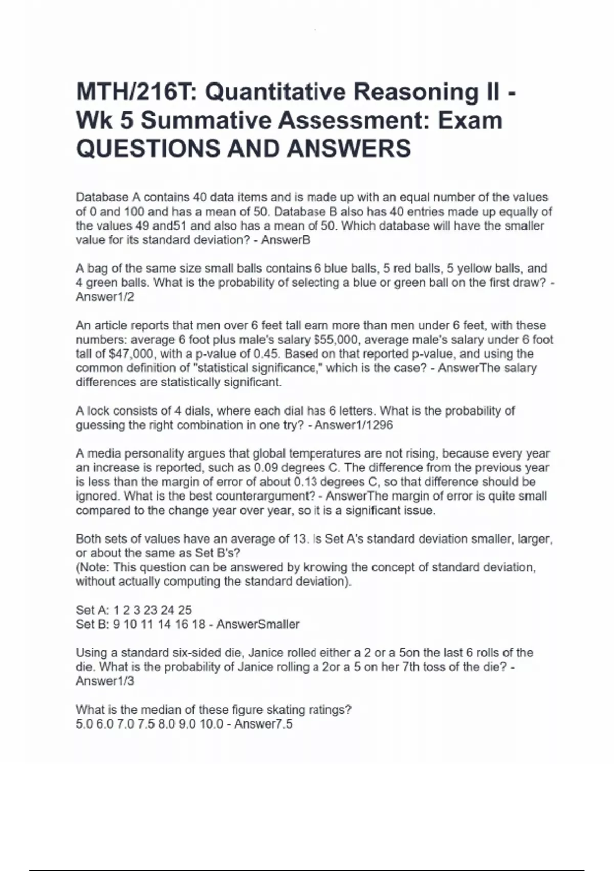 MTH/216T: Quantitative Reasoning II - Wk 5 Summative Assessment: Exam ...