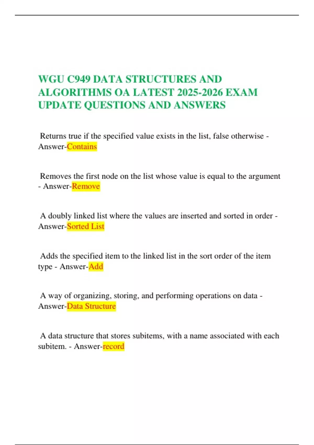 WGU C949 DATA STRUCTURES AND ALGORITHMS OA LATEST EXAM UPDATE QUESTIONS ...