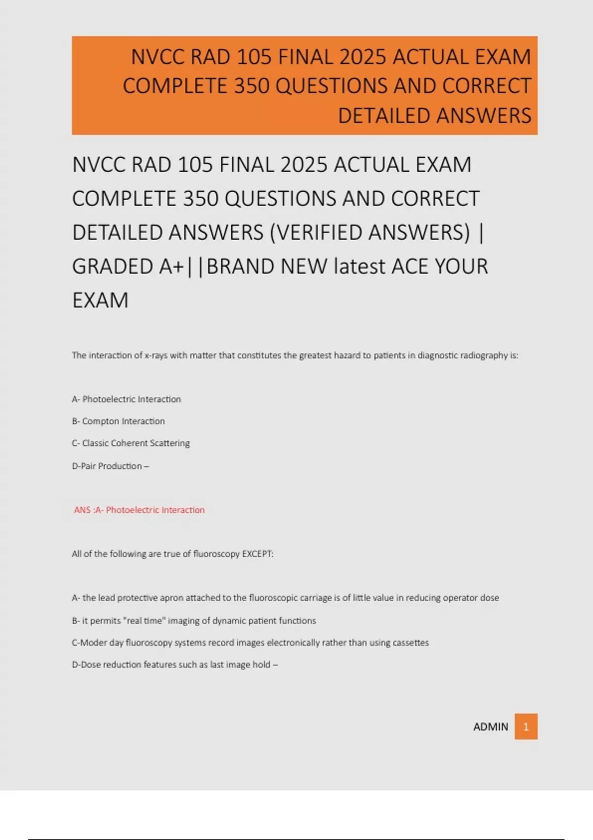 NVCC RAD 105 FINAL 2025 ACTUAL EXAM COMPLETE 350 QUESTIONS AND CORRECT ...
