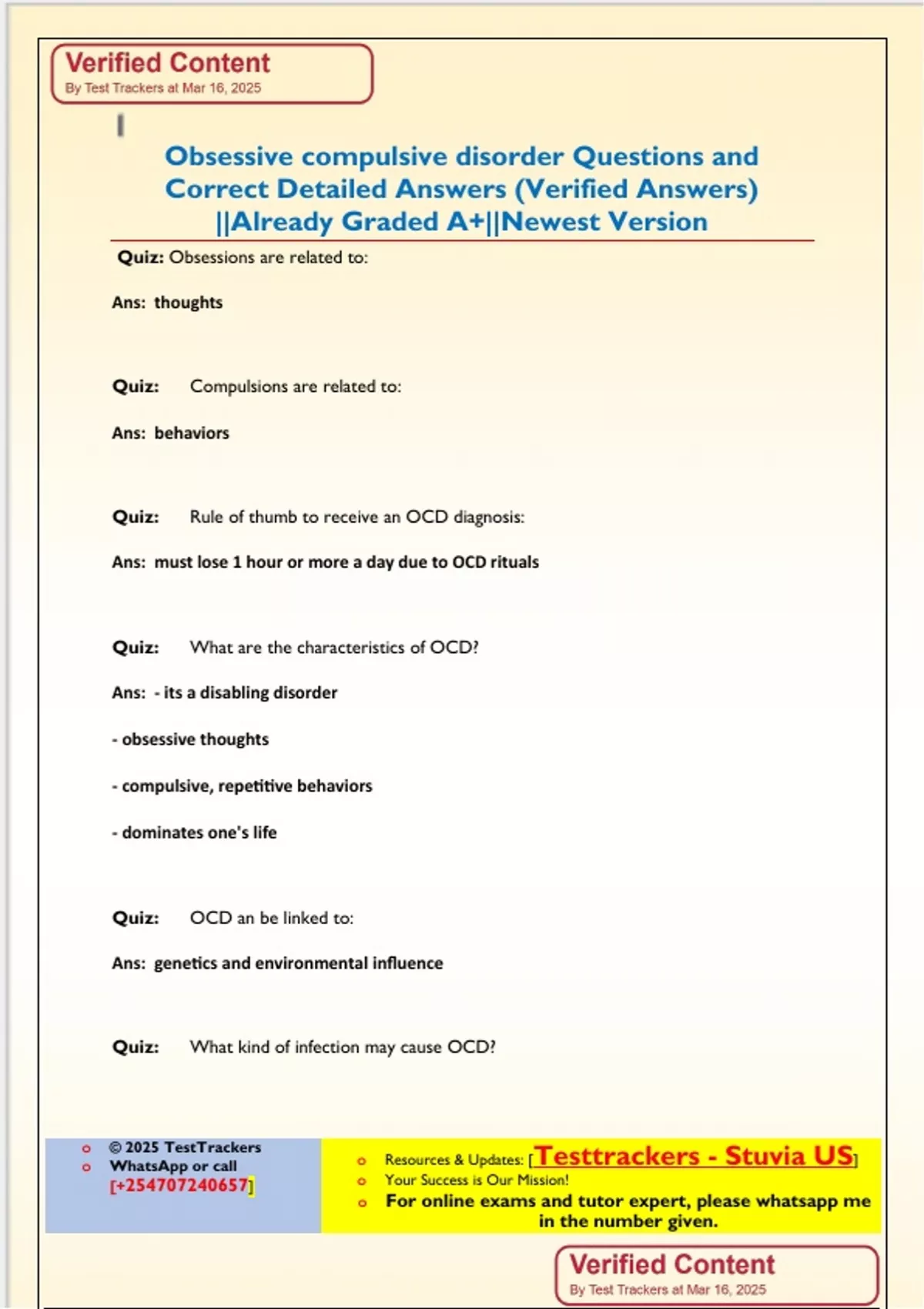 Obsessive compulsive disorder Questions and Correct Detailed Answers ...