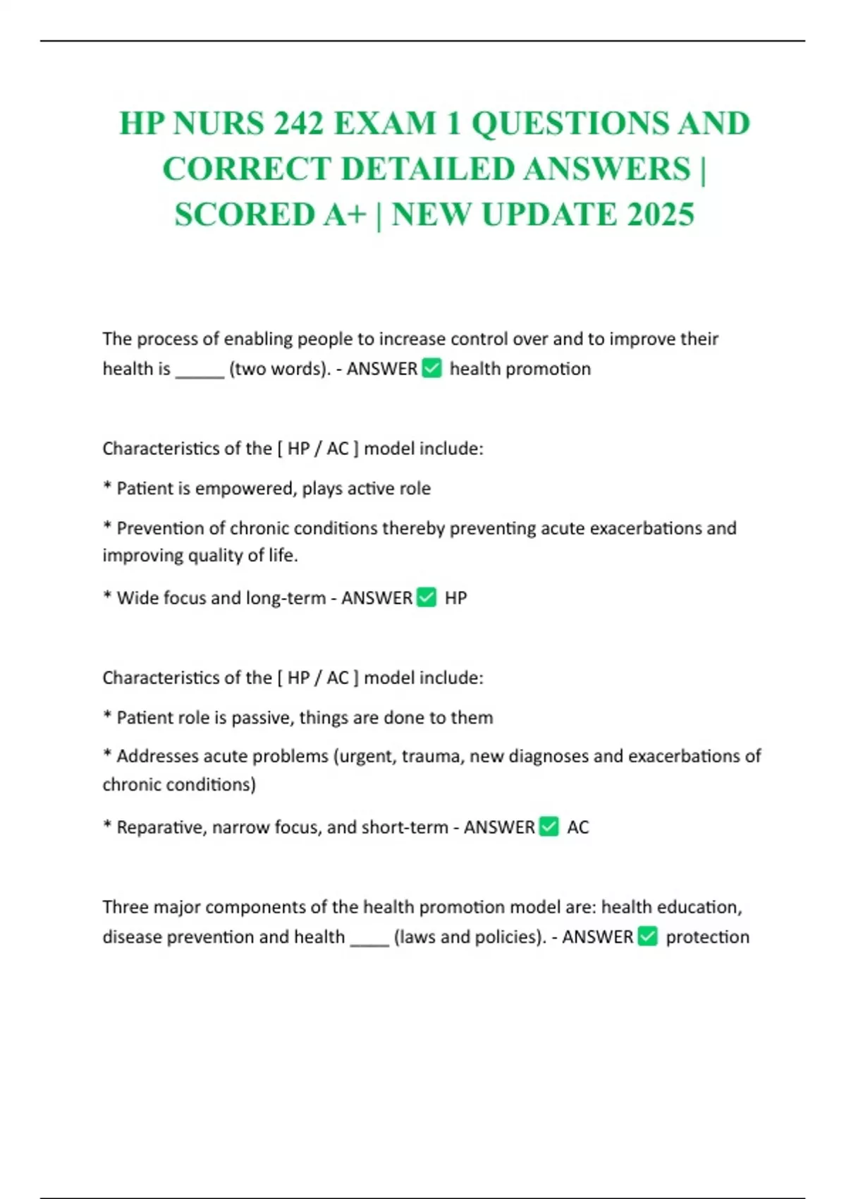 HP NURS 242 EXAM 1 QUESTIONS AND CORRECT DETAILED ANSWERS | SCORED A+ ...