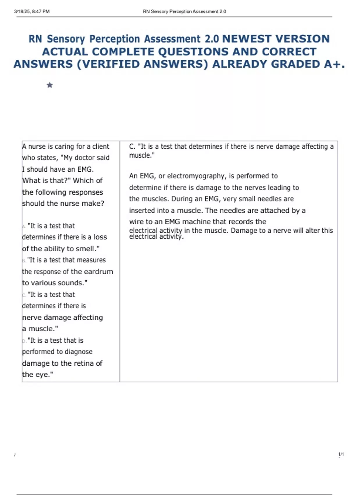 Log Perception Question RN Sensory Perception Assessment 2.0 NEWEST VERSION ACTUAL COMPLETE ...