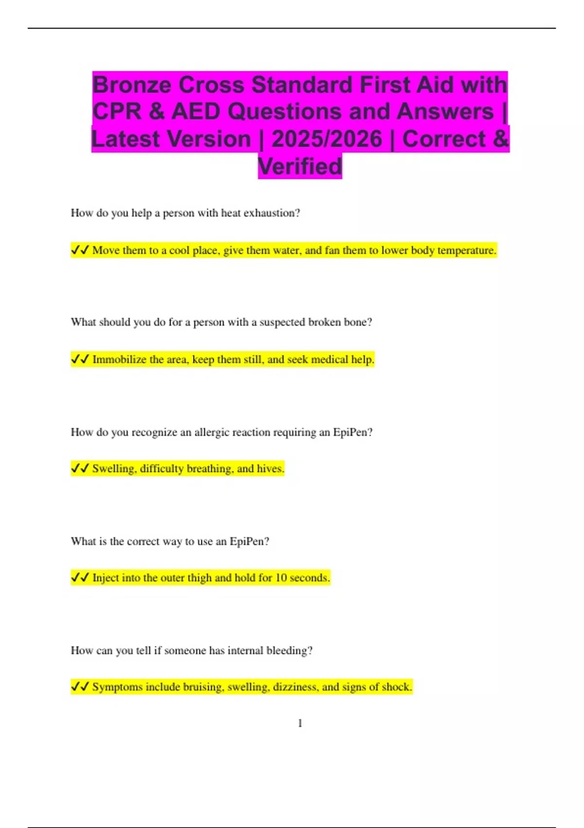 Bronze Cross Standard First Aid with CPR & AED Questions and Answers ...