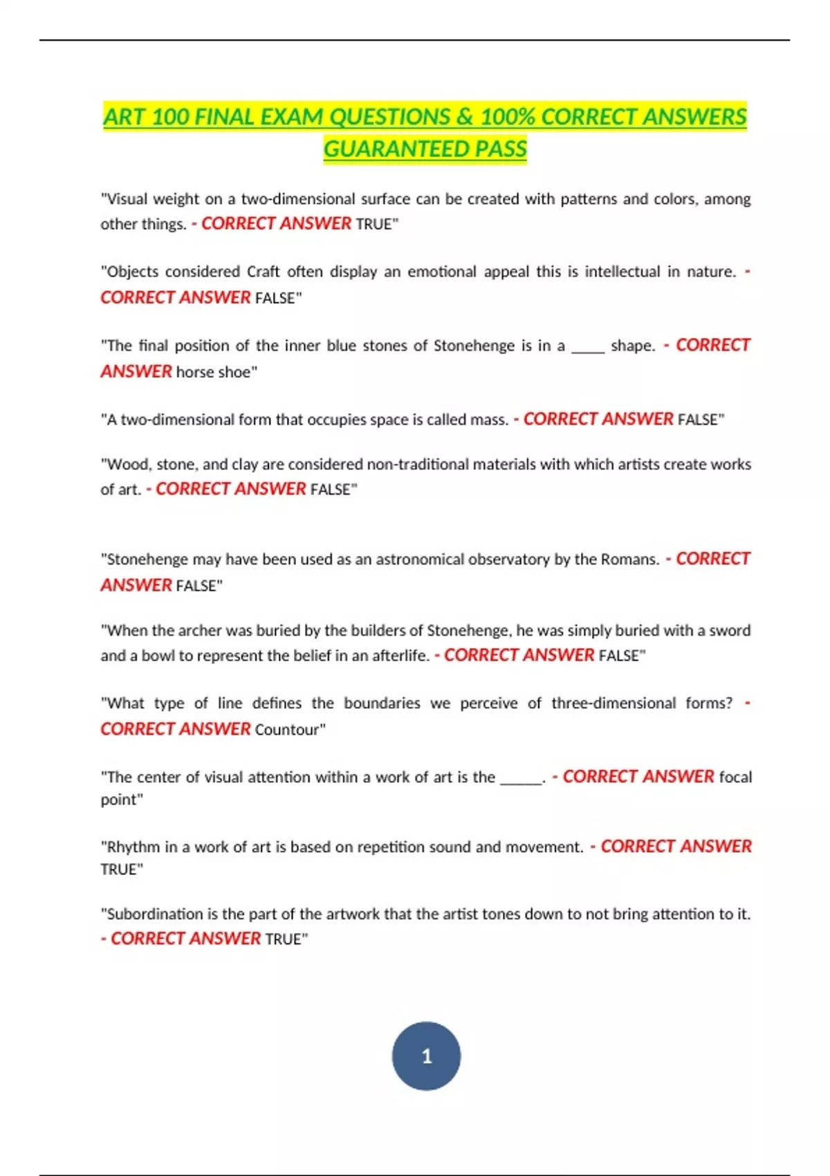 ART 100 FINAL EXAM QUESTIONS &amp; 100% CORRECT ANSWERS GUARANTEED PASS - Art history - Stuvia US