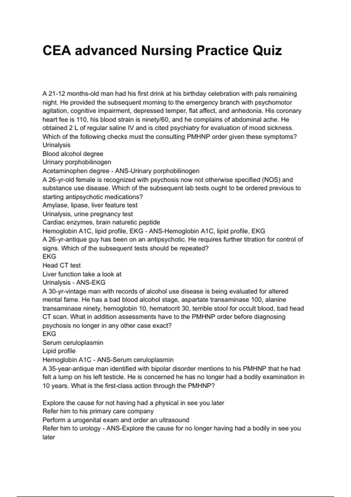 CEA advanced Nursing Practice Quiz QUESTIONS WITH DETAILED VERIFIED ...