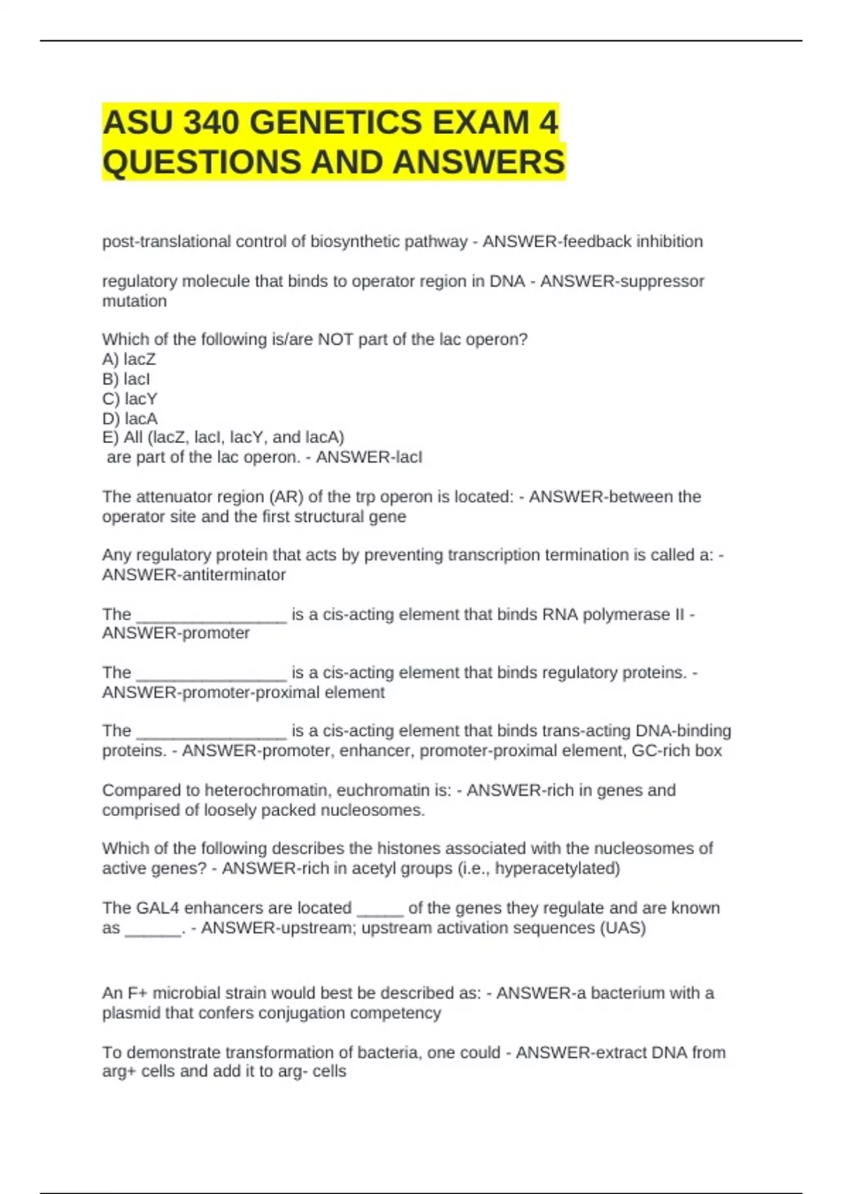 ASU 340 GENETICS EXAM 4 QUESTIONS AND ANSWERS - Bio 340 - Stuvia US