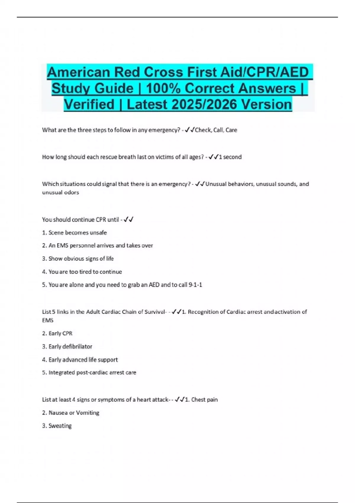 American Red Cross First Aid/CPR/AED Study Guide | 100% Correct Answers ...