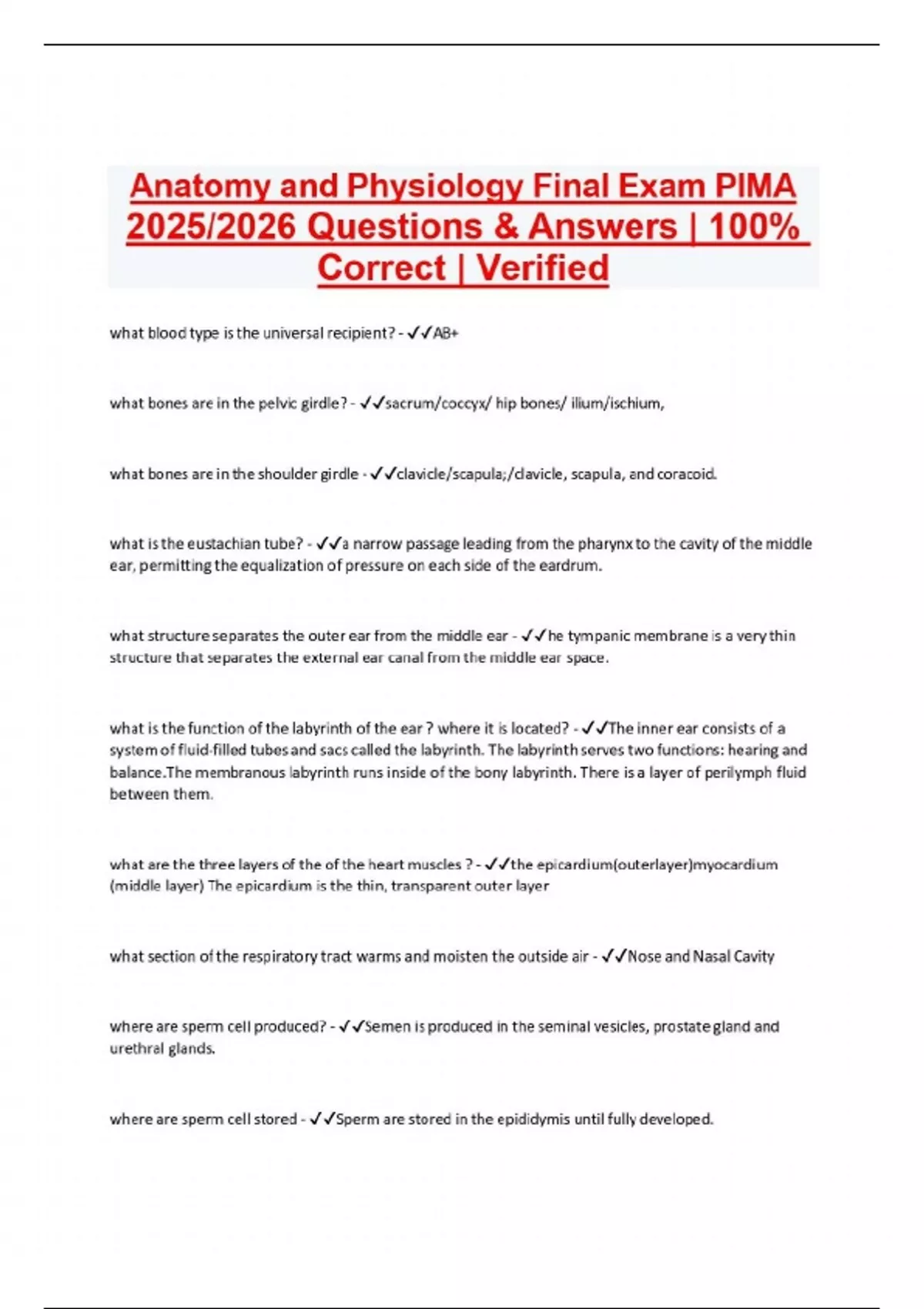 Anatomy and Physiology Final Exam PIMA 2025/2026 Questions & Answers ...