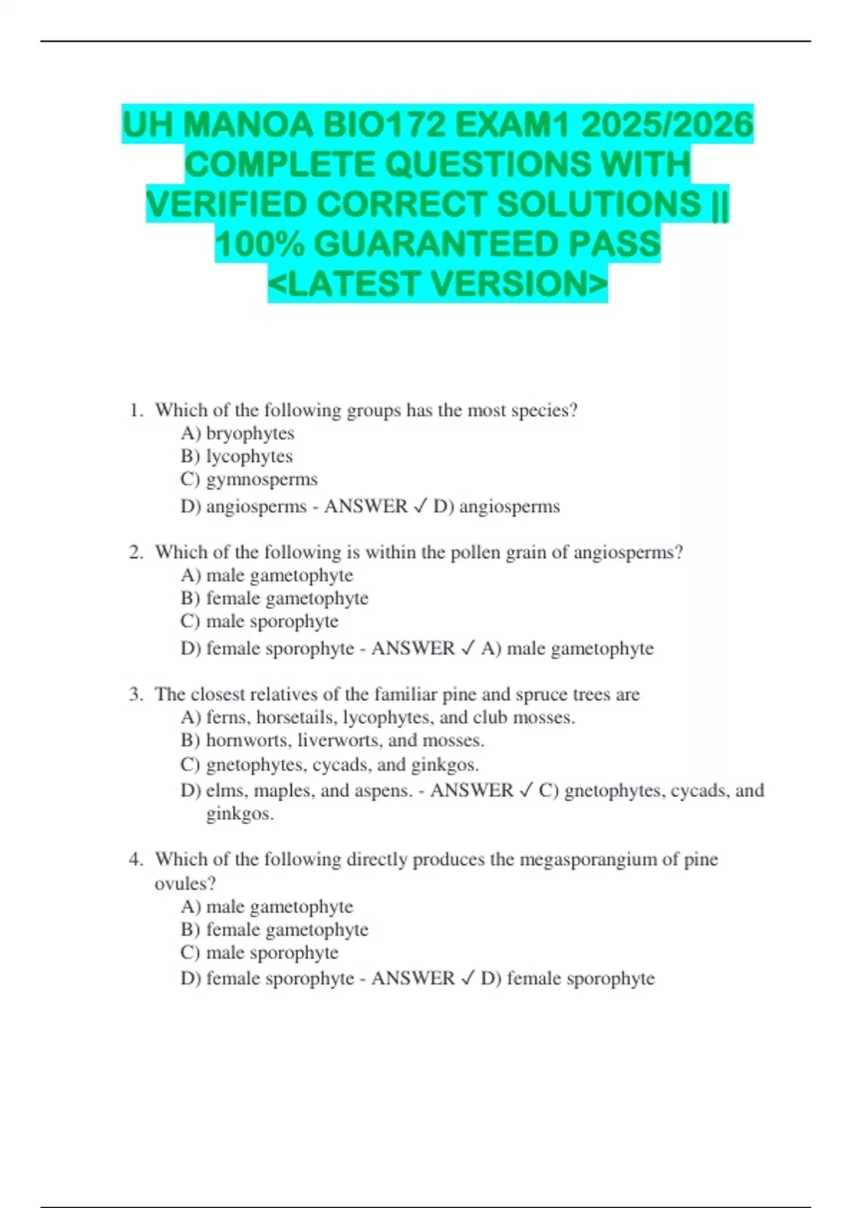 UH MANOA BIO172 EXAM1 2025/2026 COMPLETE QUESTIONS WITH VERIFIED ...