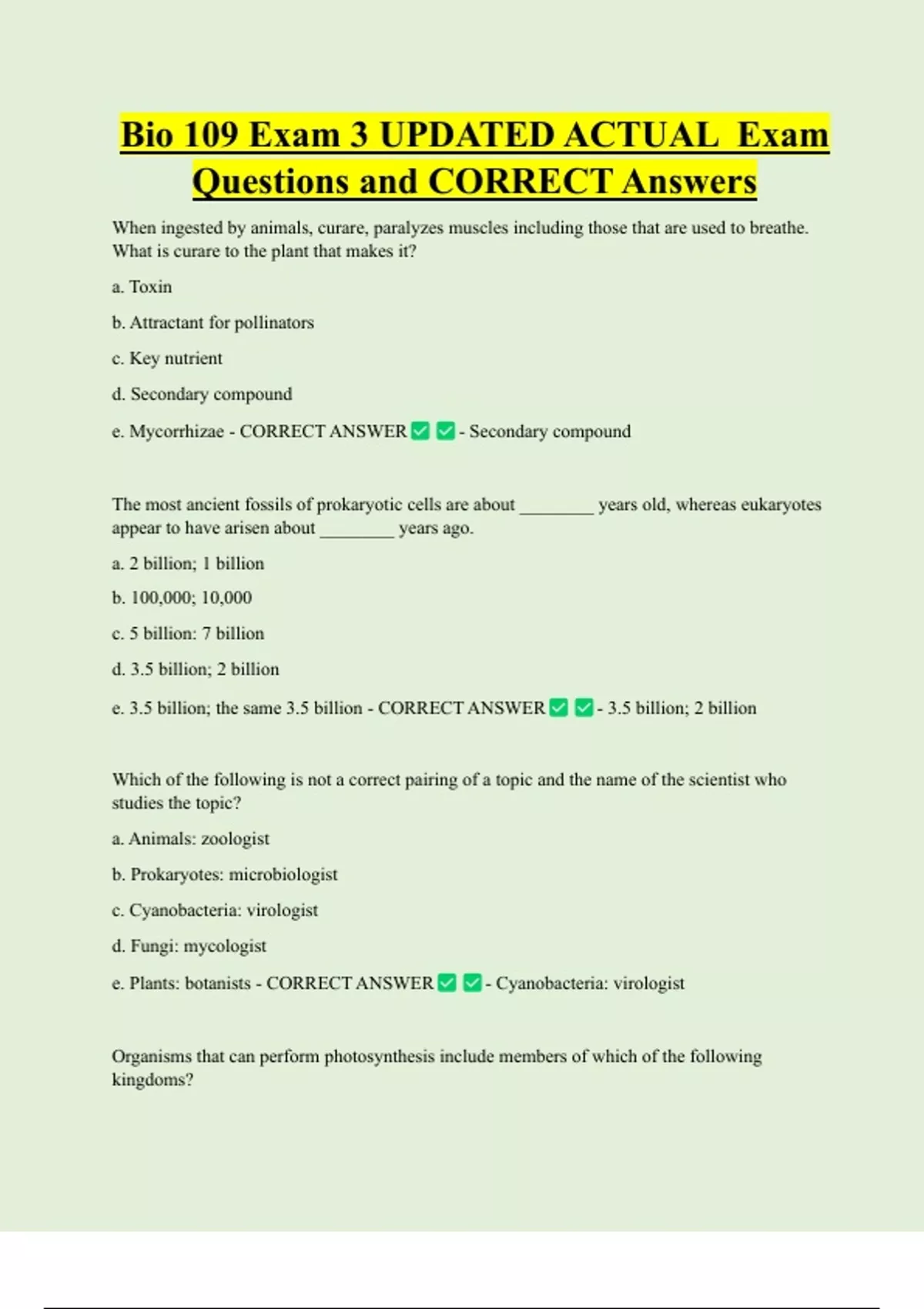 Bio 109 Exam 3 UPDATED ACTUAL Exam Questions and CORRECT Answers - BIO ...
