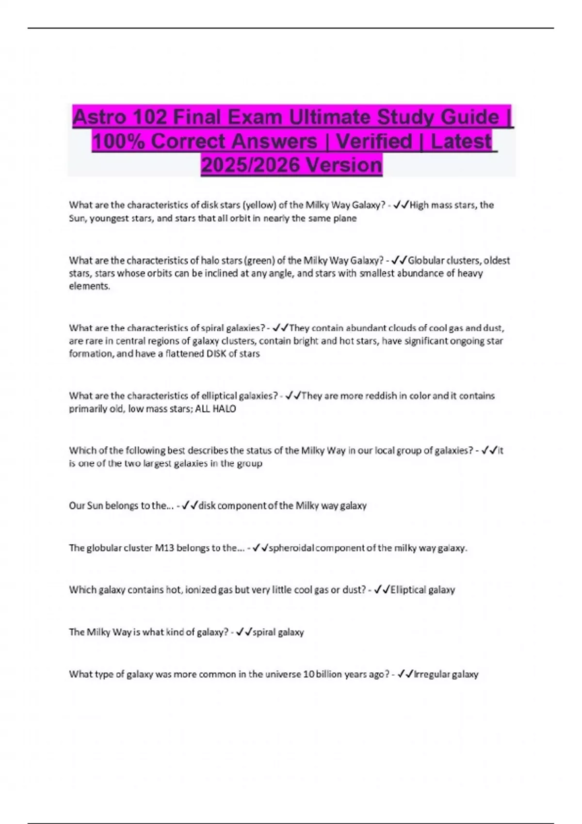 Astro 102 Final Exam Ultimate Study Guide | 100% Correct Answers ...