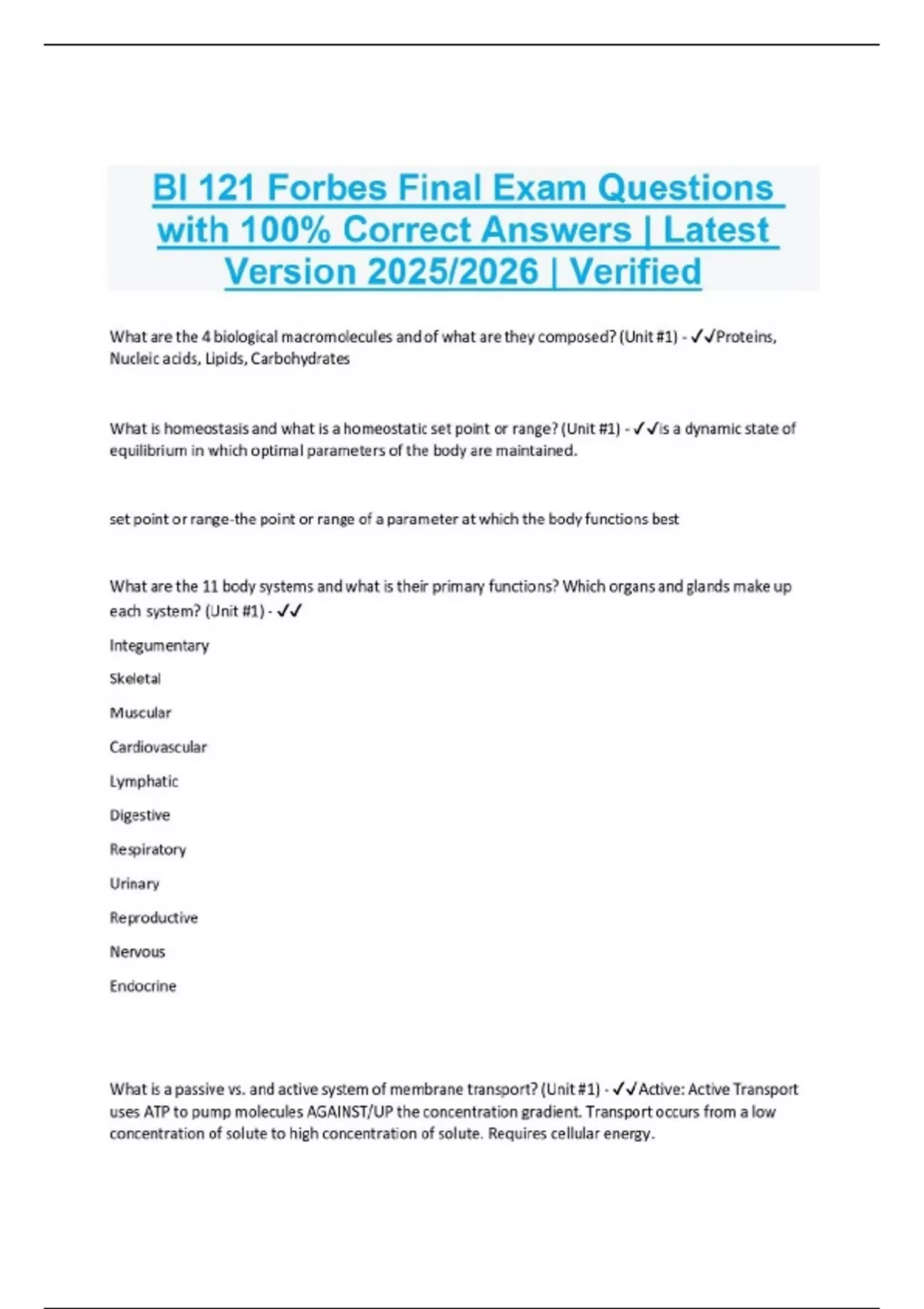BI 121 Forbes Final Exam Questions with 100% Correct Answers | Latest ...