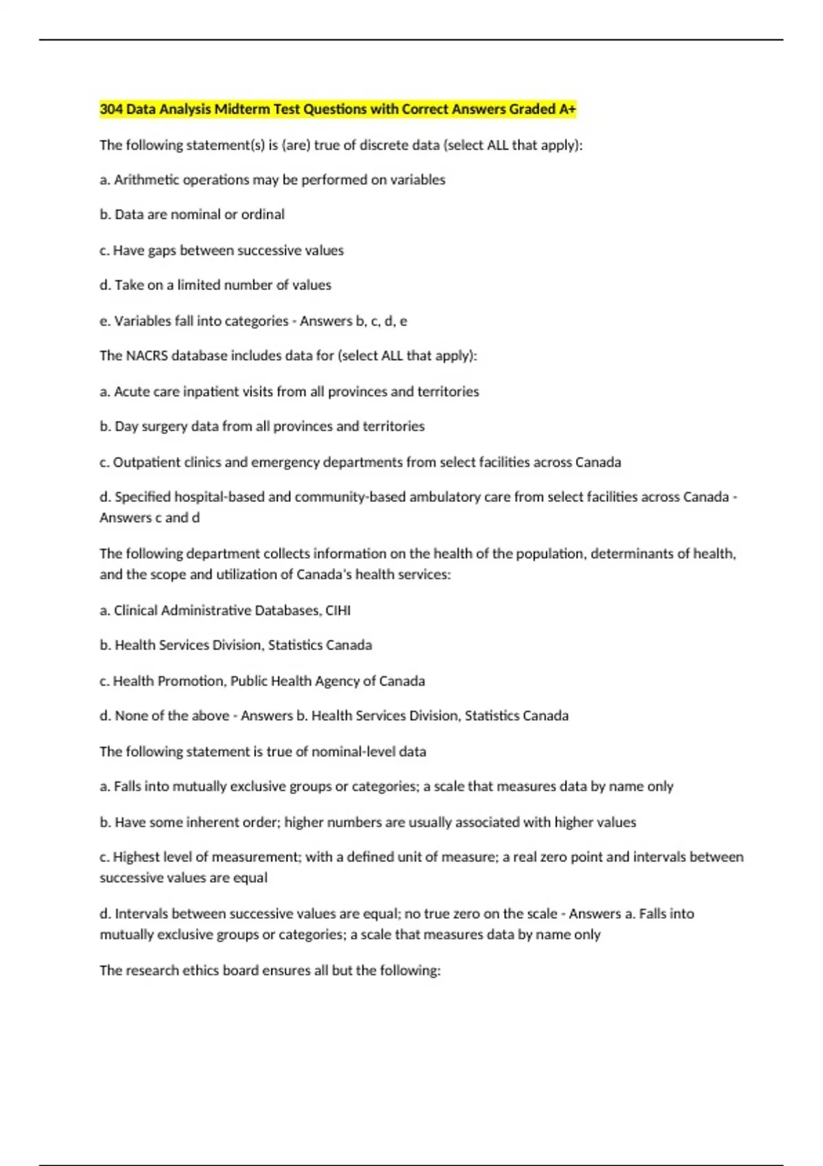 Test Questions Examples Data Analysis 304 Data Analysis Midterm Test Questions with Correct Answers Graded A+ ...