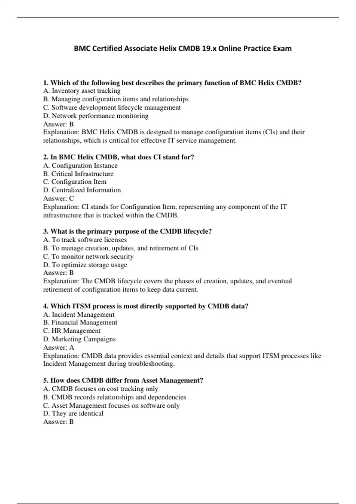 BMC Certified Associate Helix CMDB 19.x Online Practice Exam ...