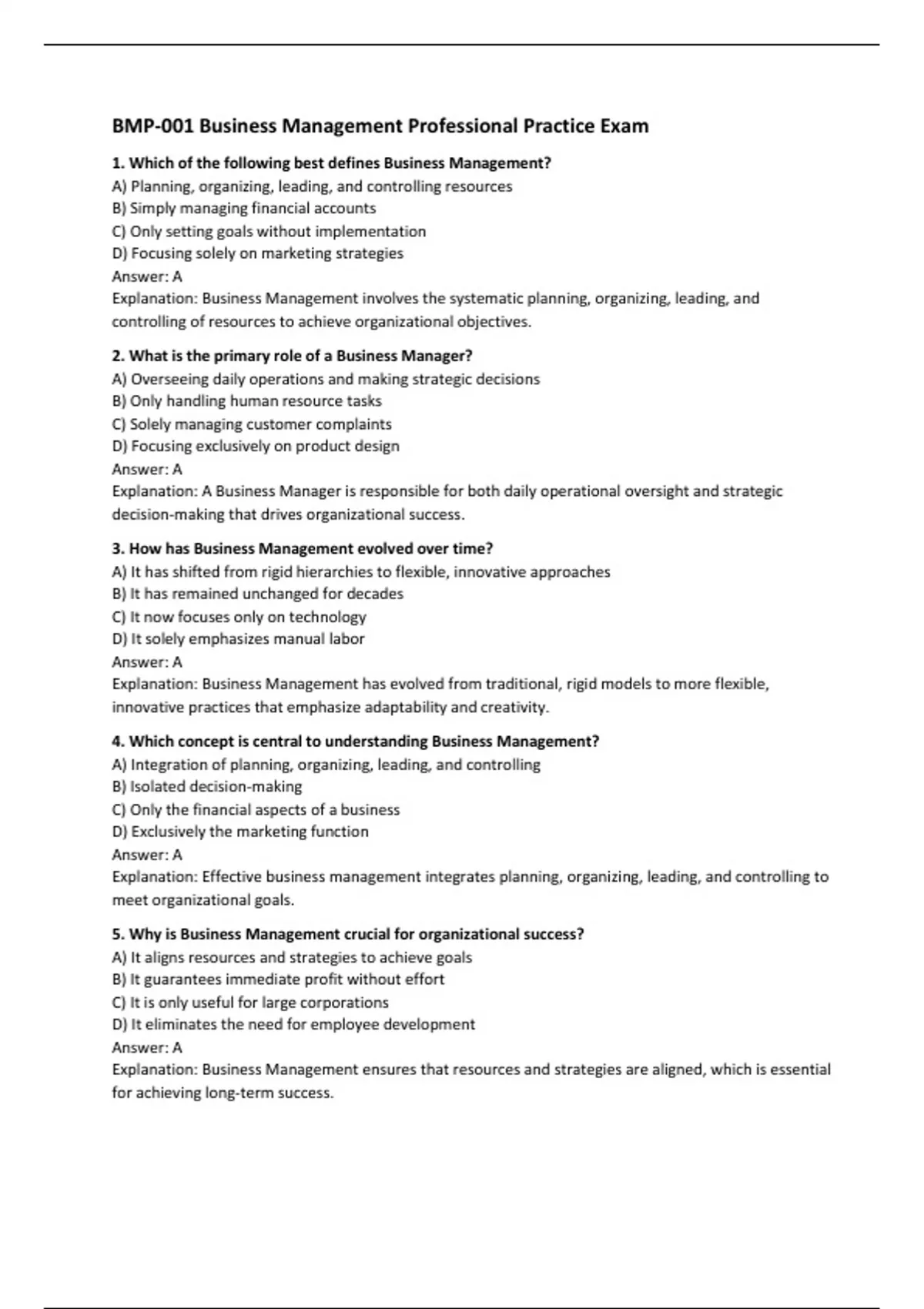 BMP-001 Business Management Professional Practice Exam - Computers ...